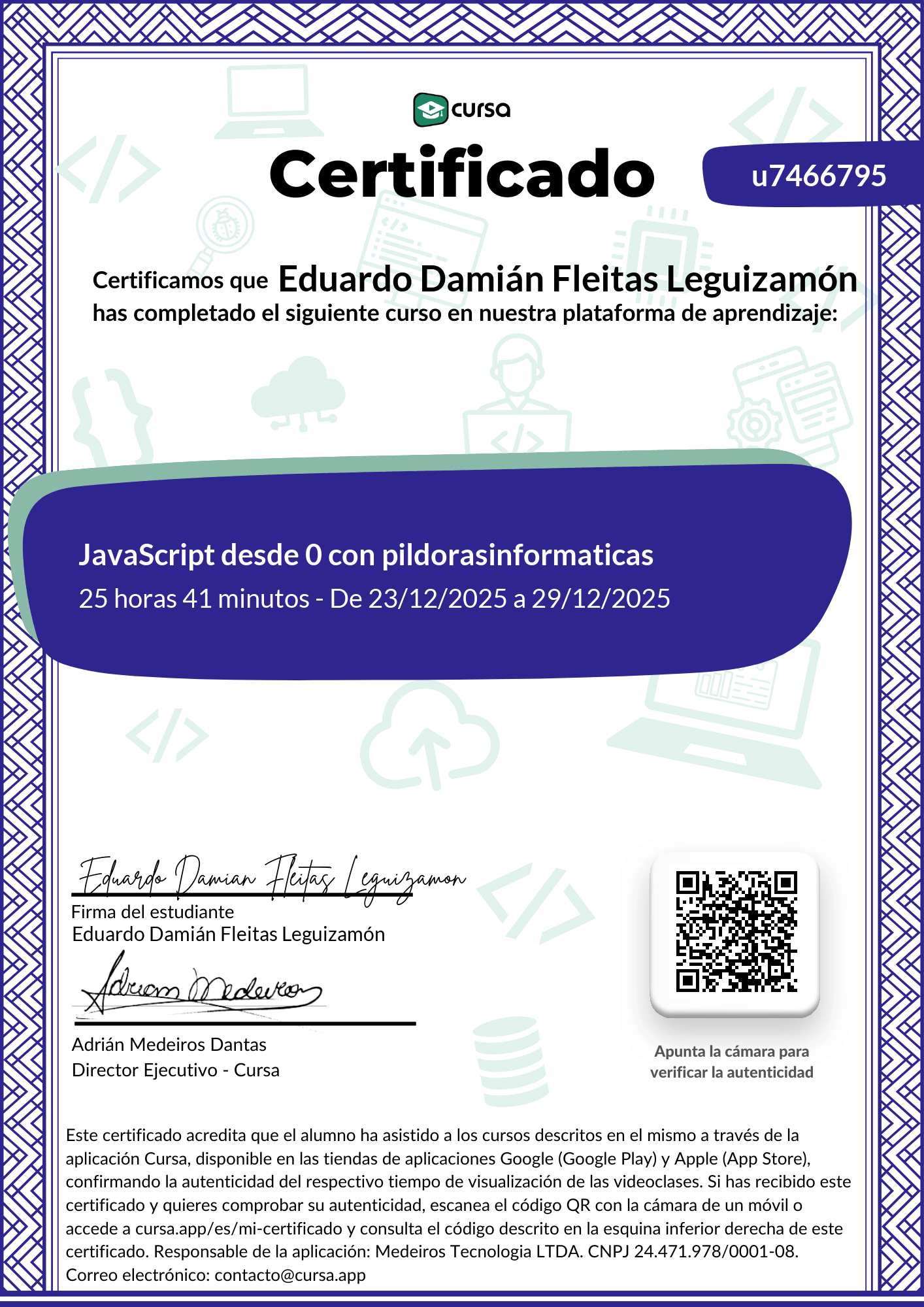 Imagen de mi Certificado de finalización del curso gratuito.