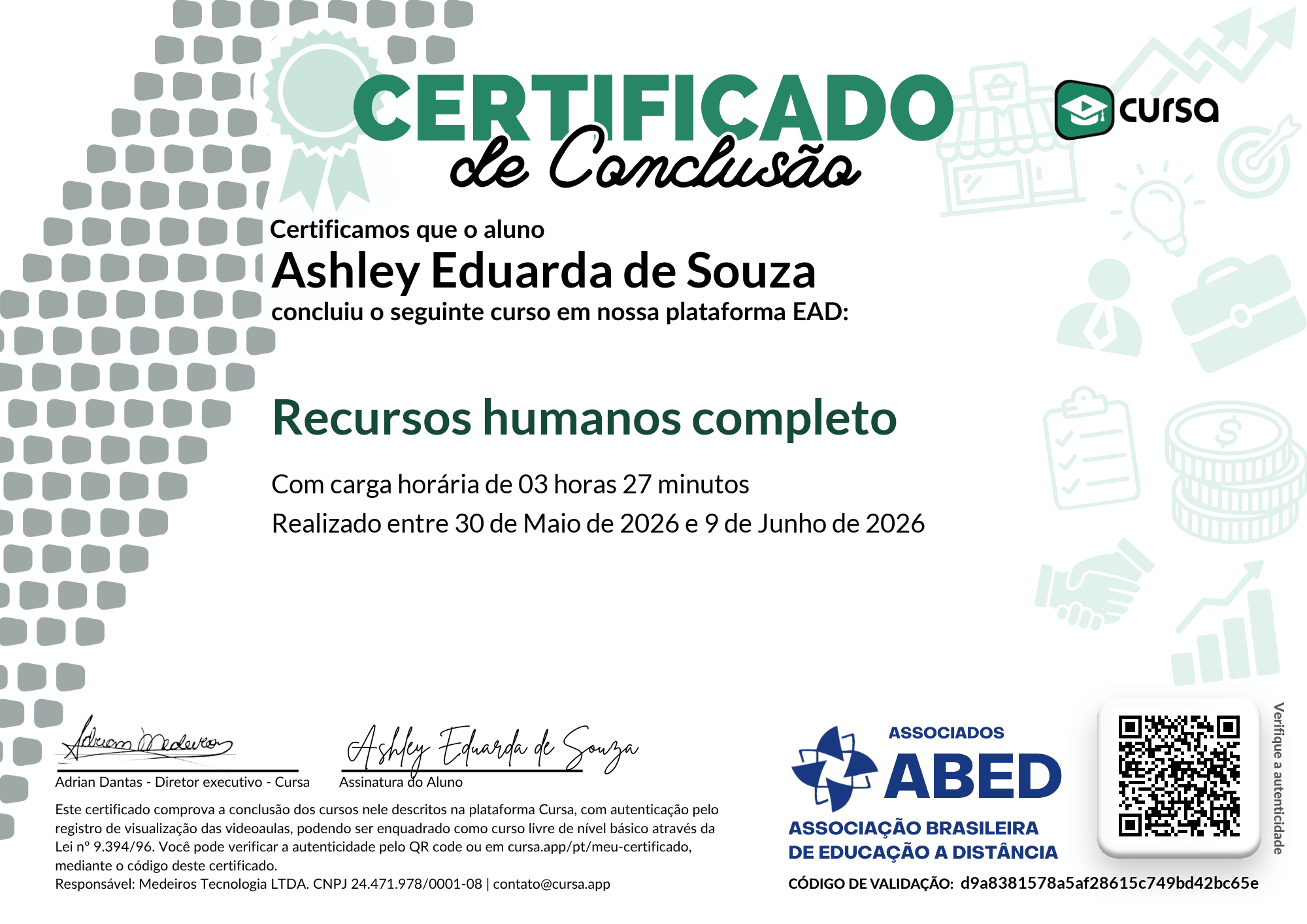 Imagem do meu Certificado gratuito de conclusão de curso.