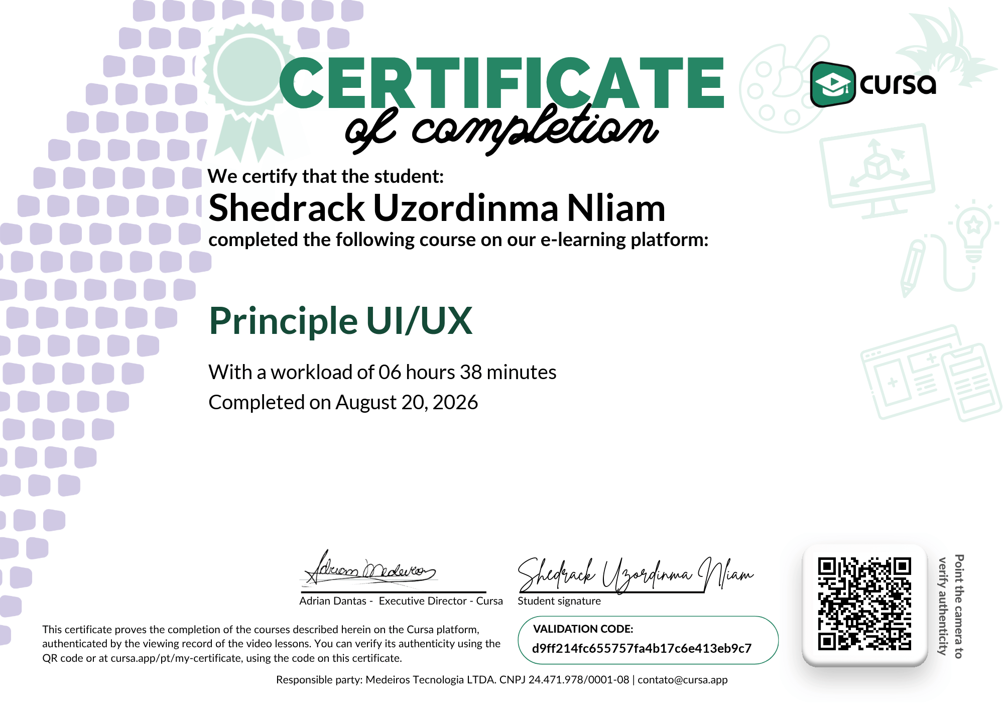 Image of my free Course Completion Certificate.