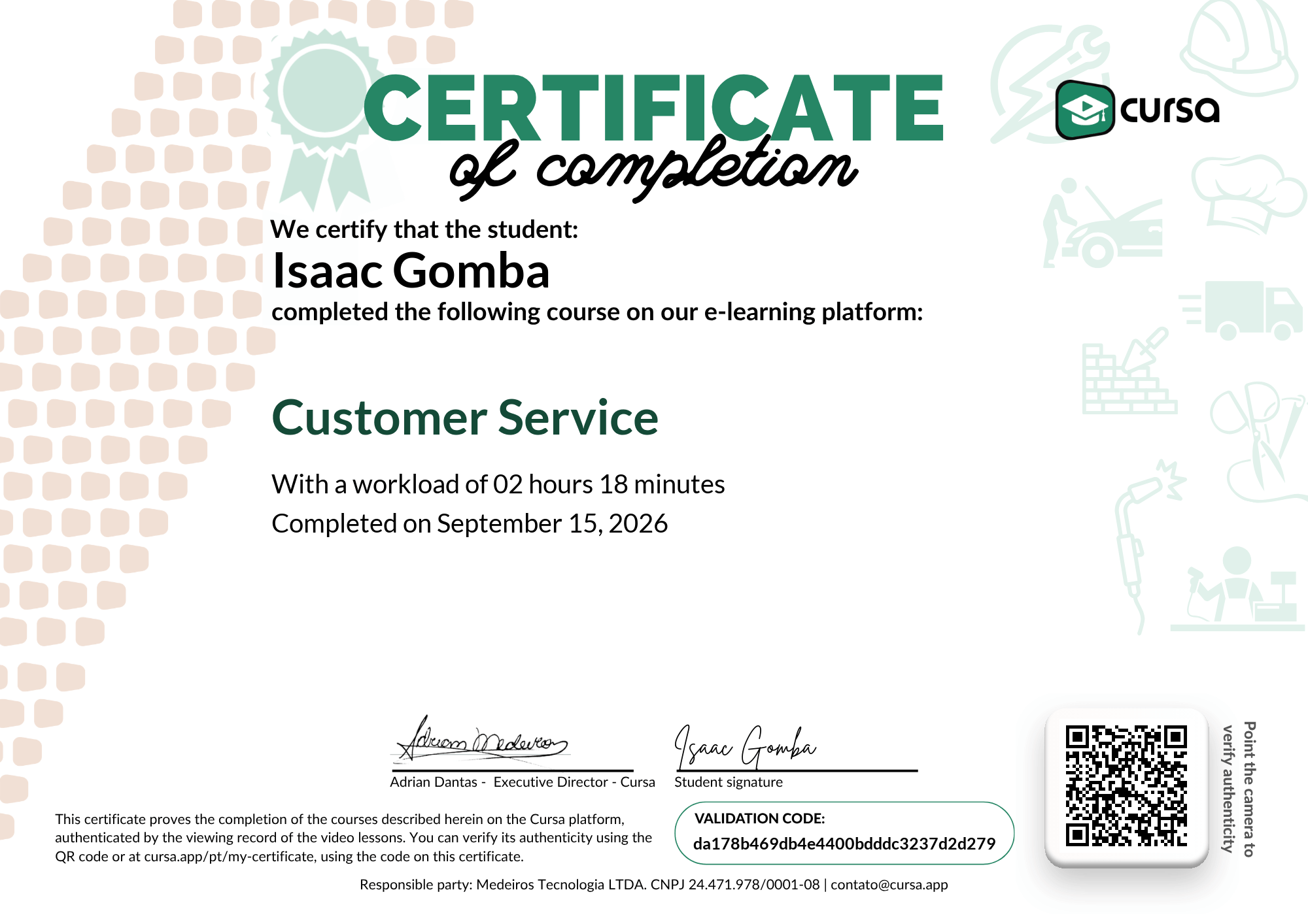 Image of my free Course Completion Certificate.