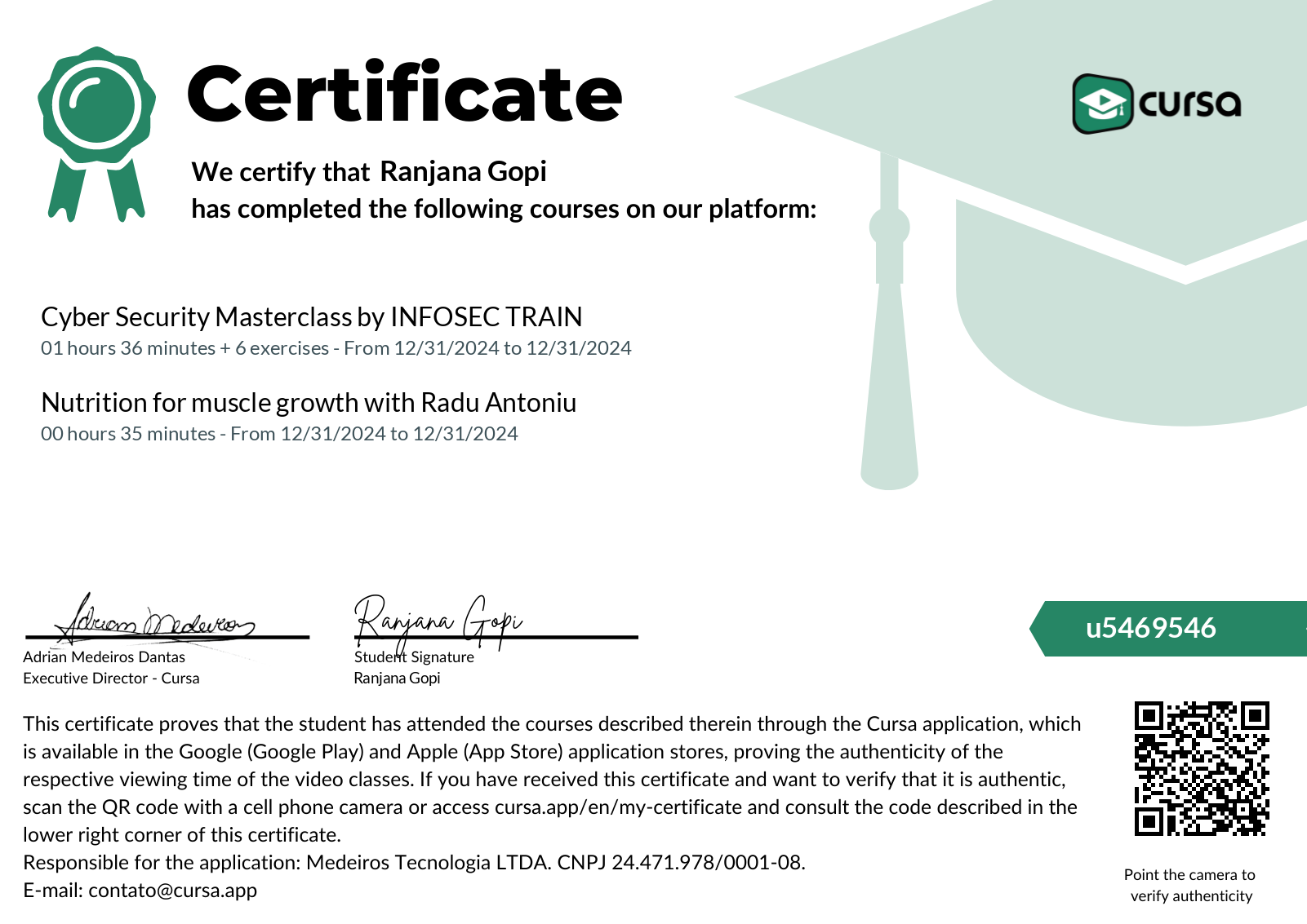 Image of my free Course Completion Certificate.