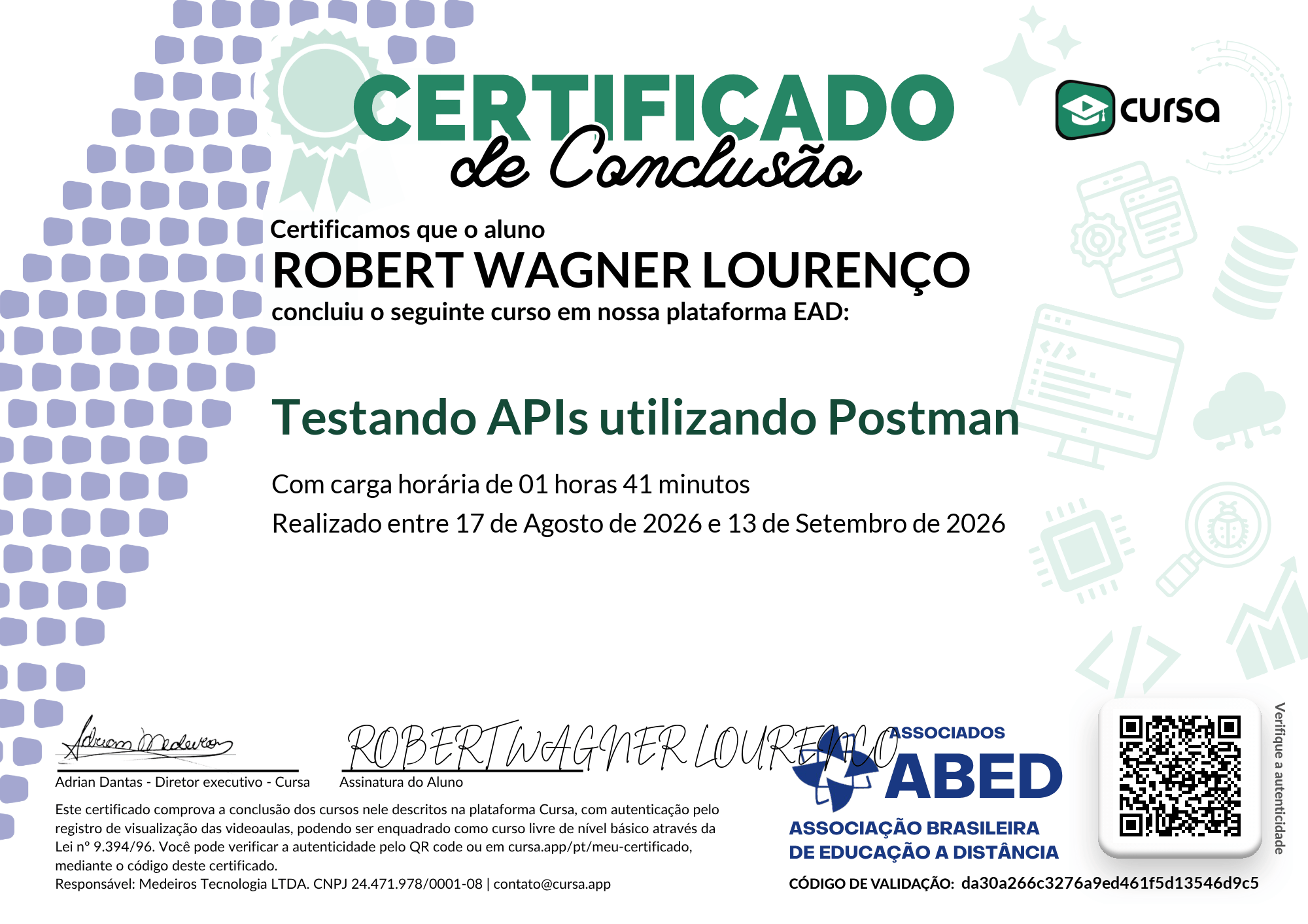 Imagem do meu Certificado gratuito de conclusão de curso.
