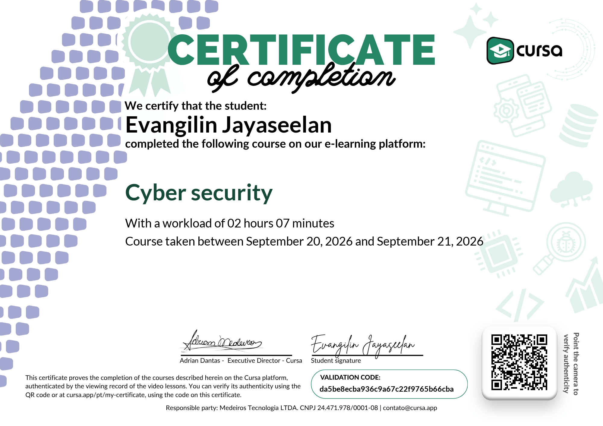 Image of my free Course Completion Certificate.