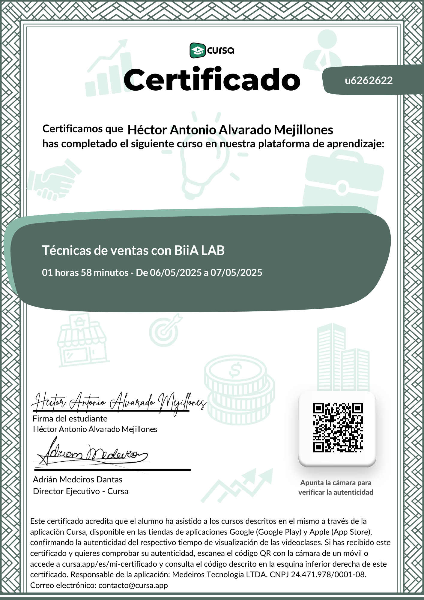 Imagen de mi Certificado de finalización del curso gratuito.