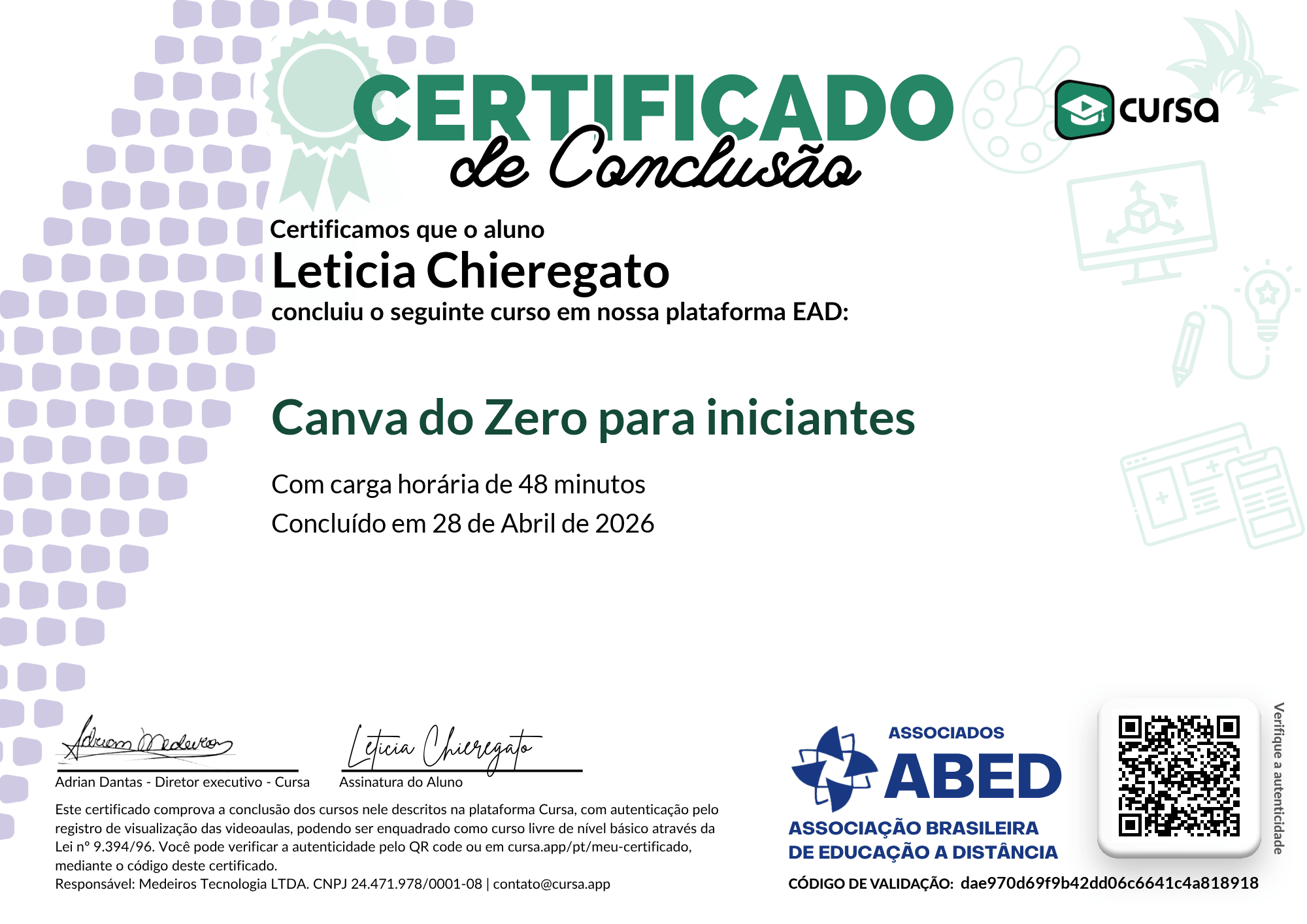 Imagem do meu Certificado gratuito de conclusão de curso.