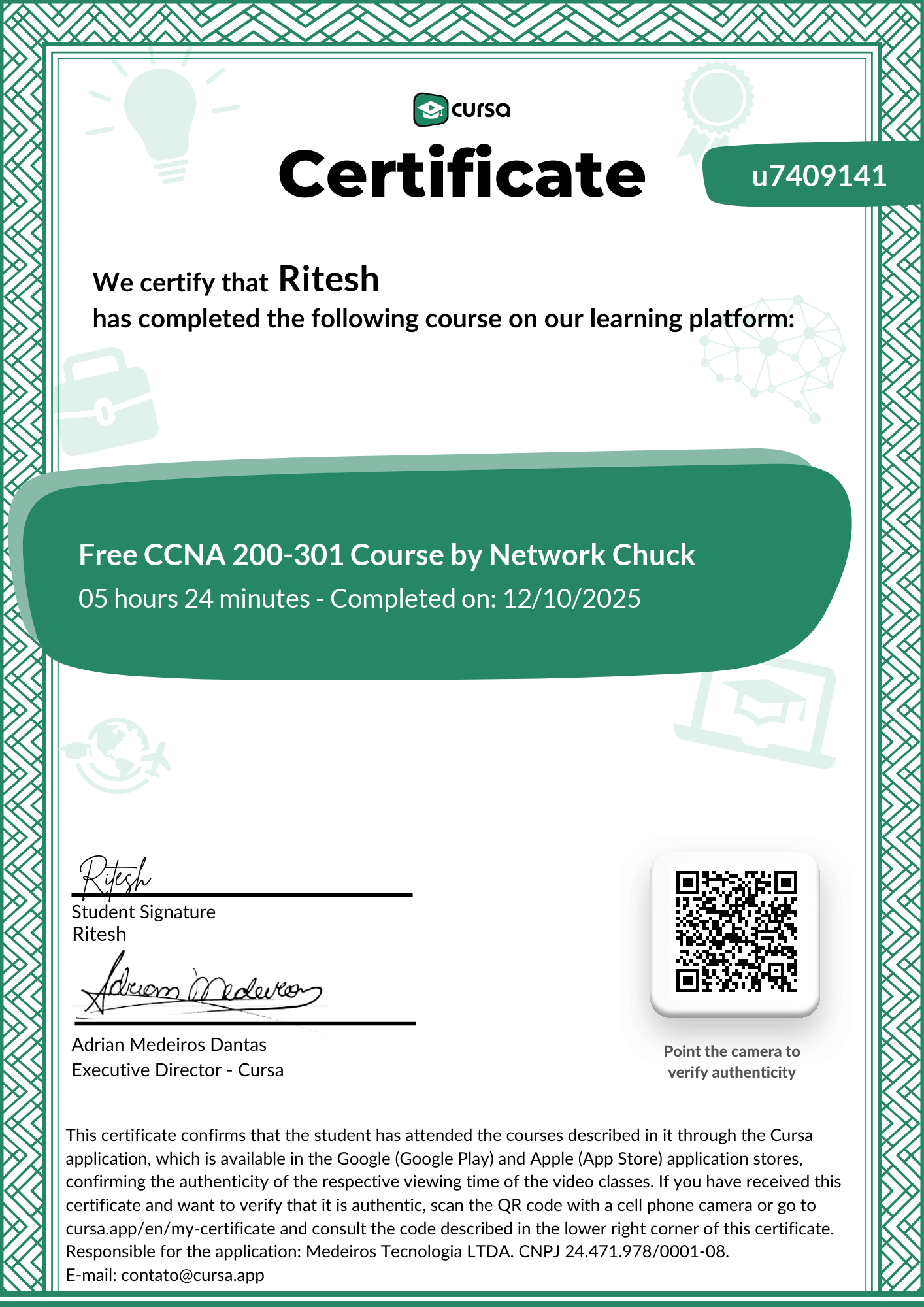 Image of my free Course Completion Certificate.