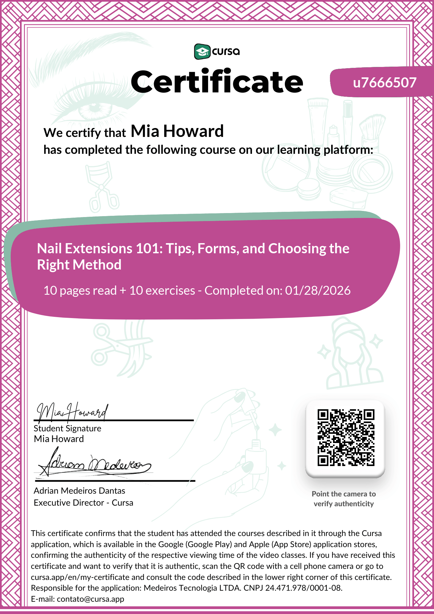 Image of my free Course Completion Certificate.