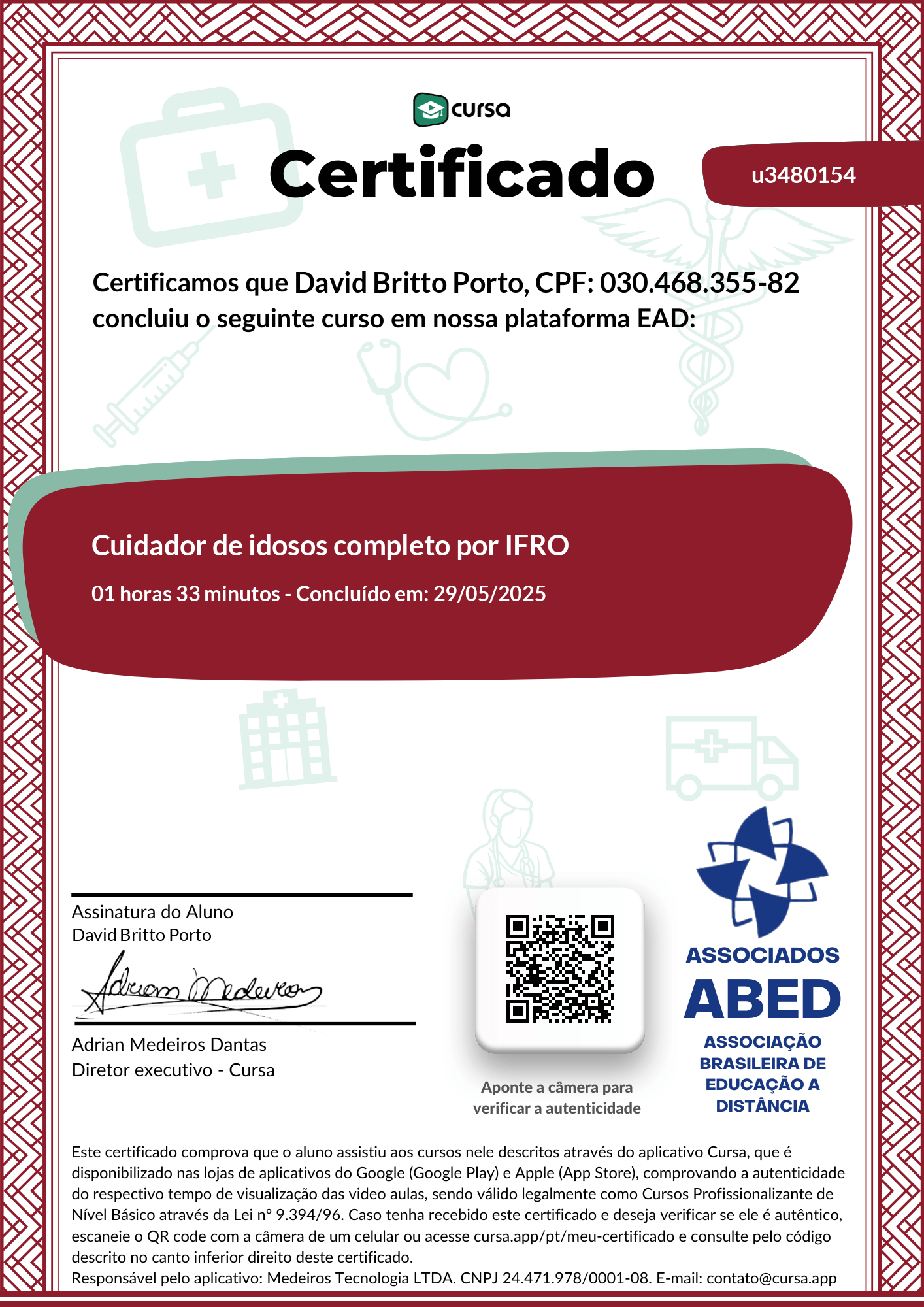 Imagem do meu Certificado gratuito de conclusão de curso.