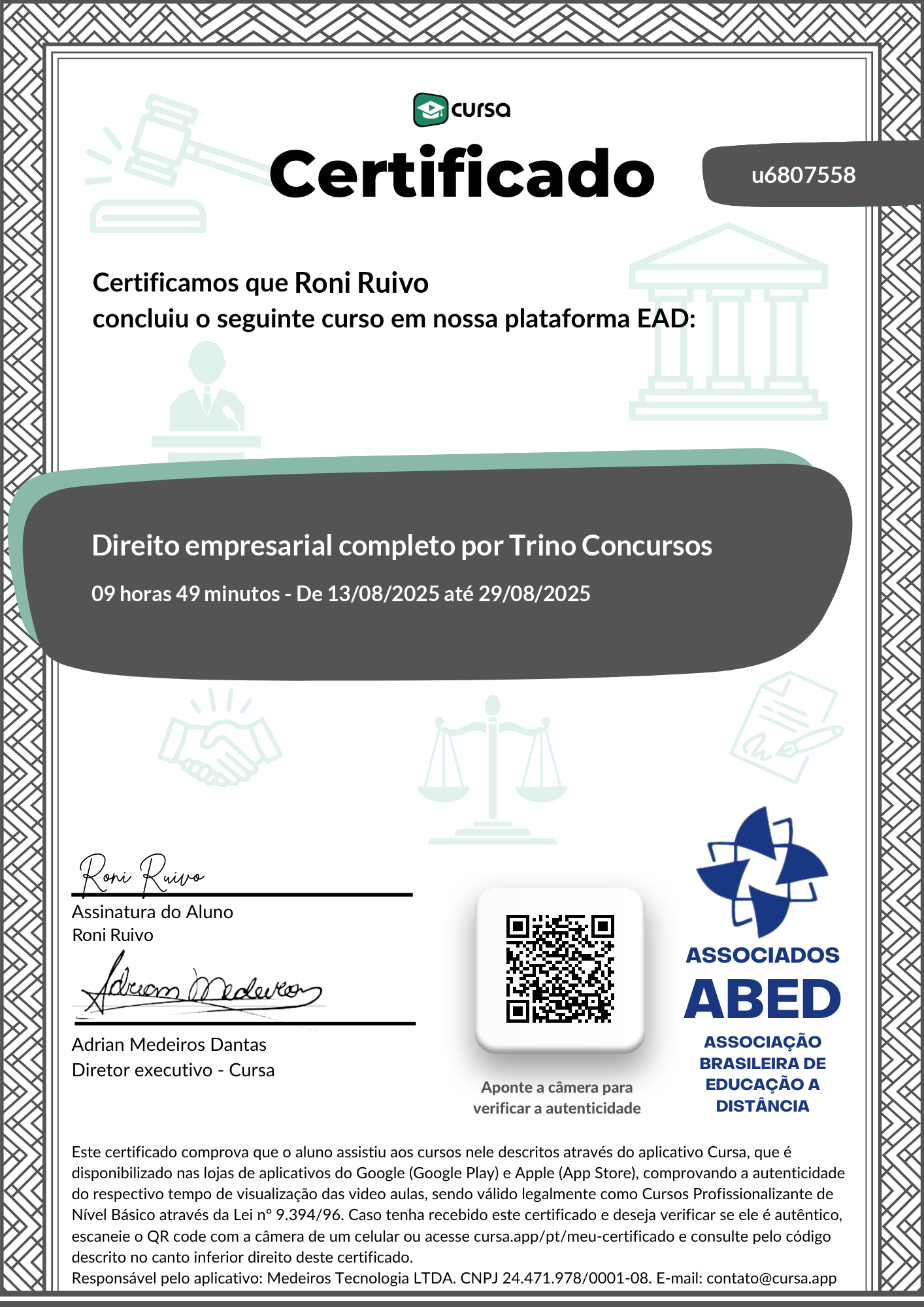 Imagem do meu Certificado gratuito de conclusão de curso.