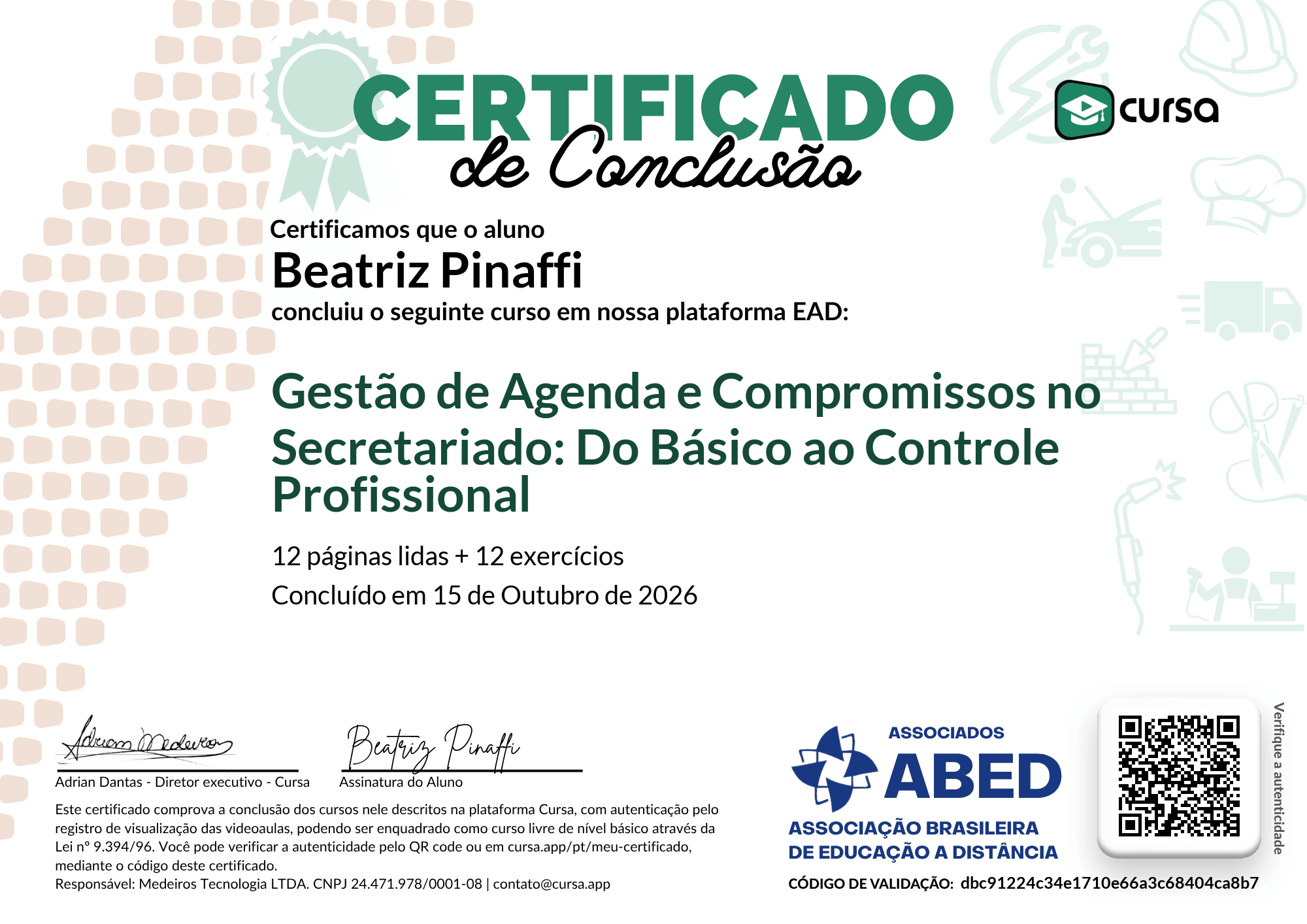 Imagem do meu Certificado gratuito de conclusão de curso.