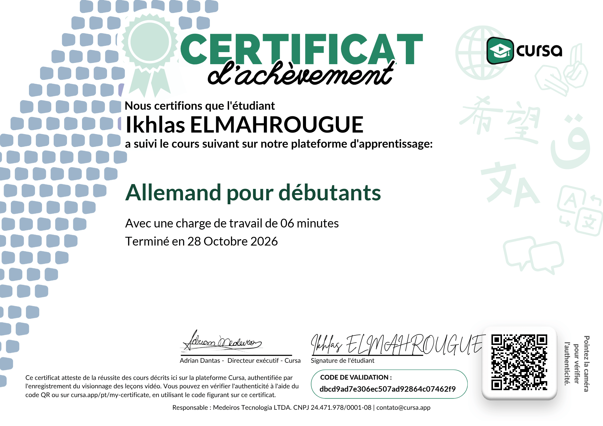 Image de mon certificat de fin de cours gratuit.