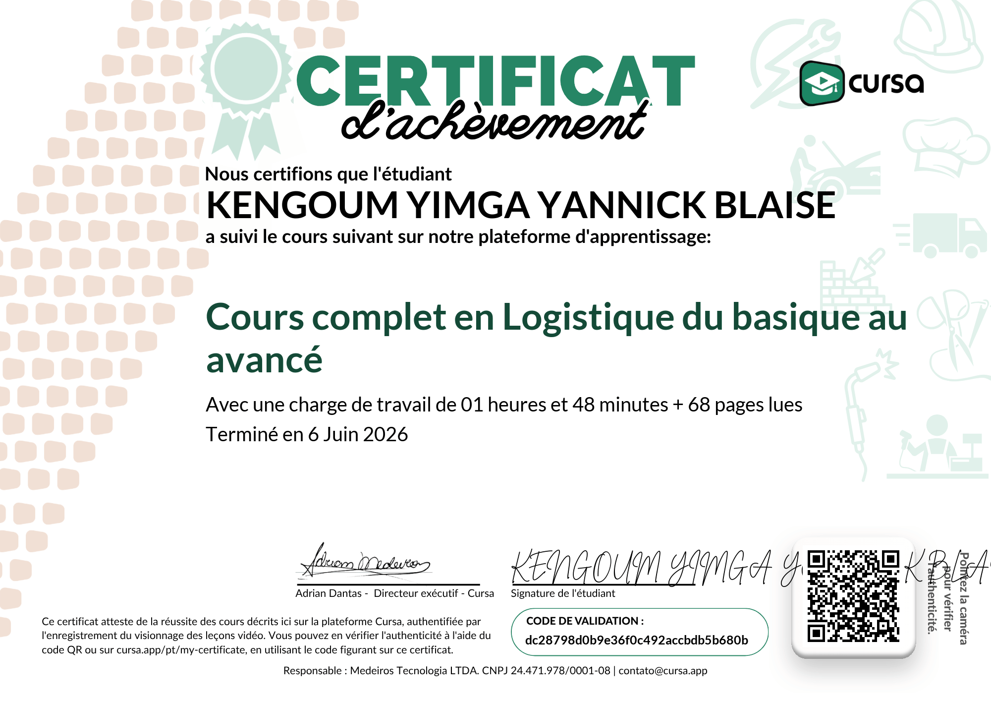 Image de mon certificat de fin de cours gratuit.