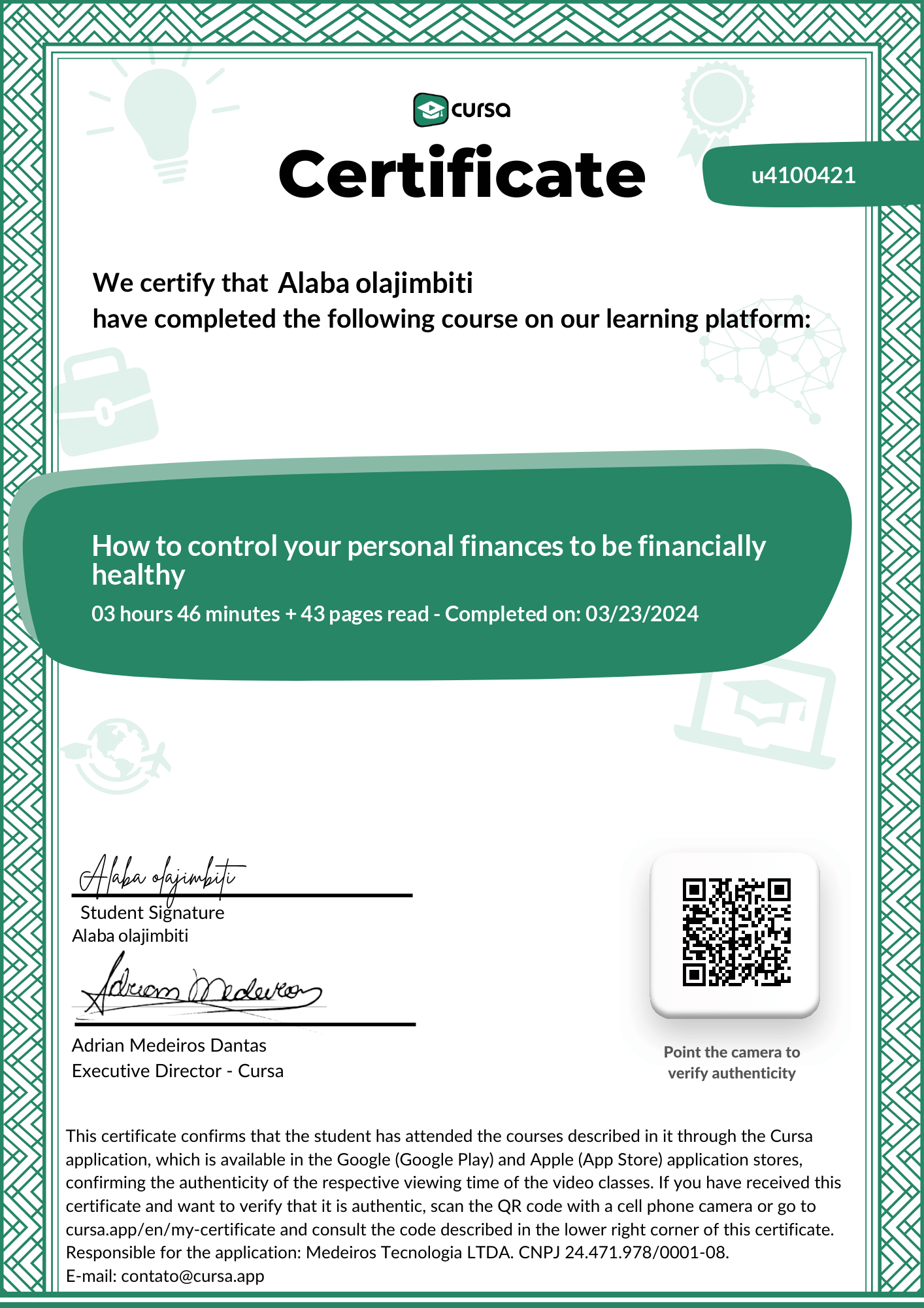 Image of my free Course Completion Certificate.