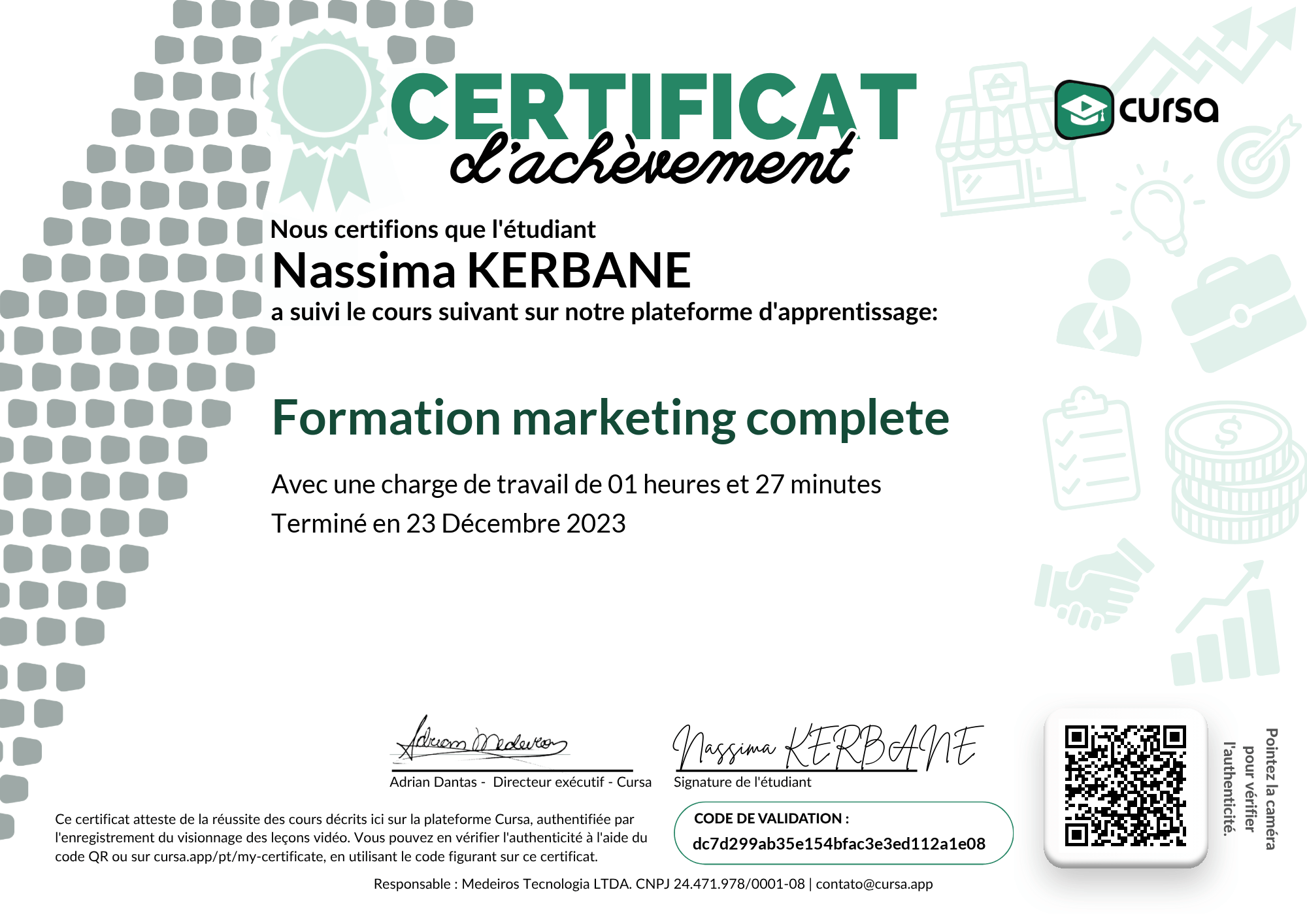 Image de mon certificat de fin de cours gratuit.