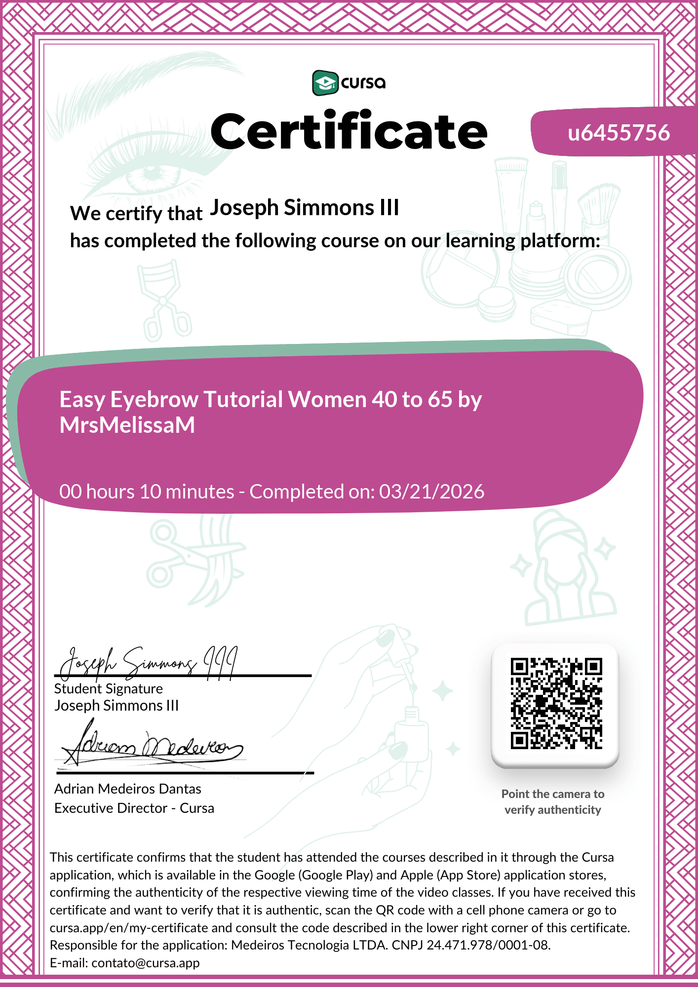Image of my free Course Completion Certificate.