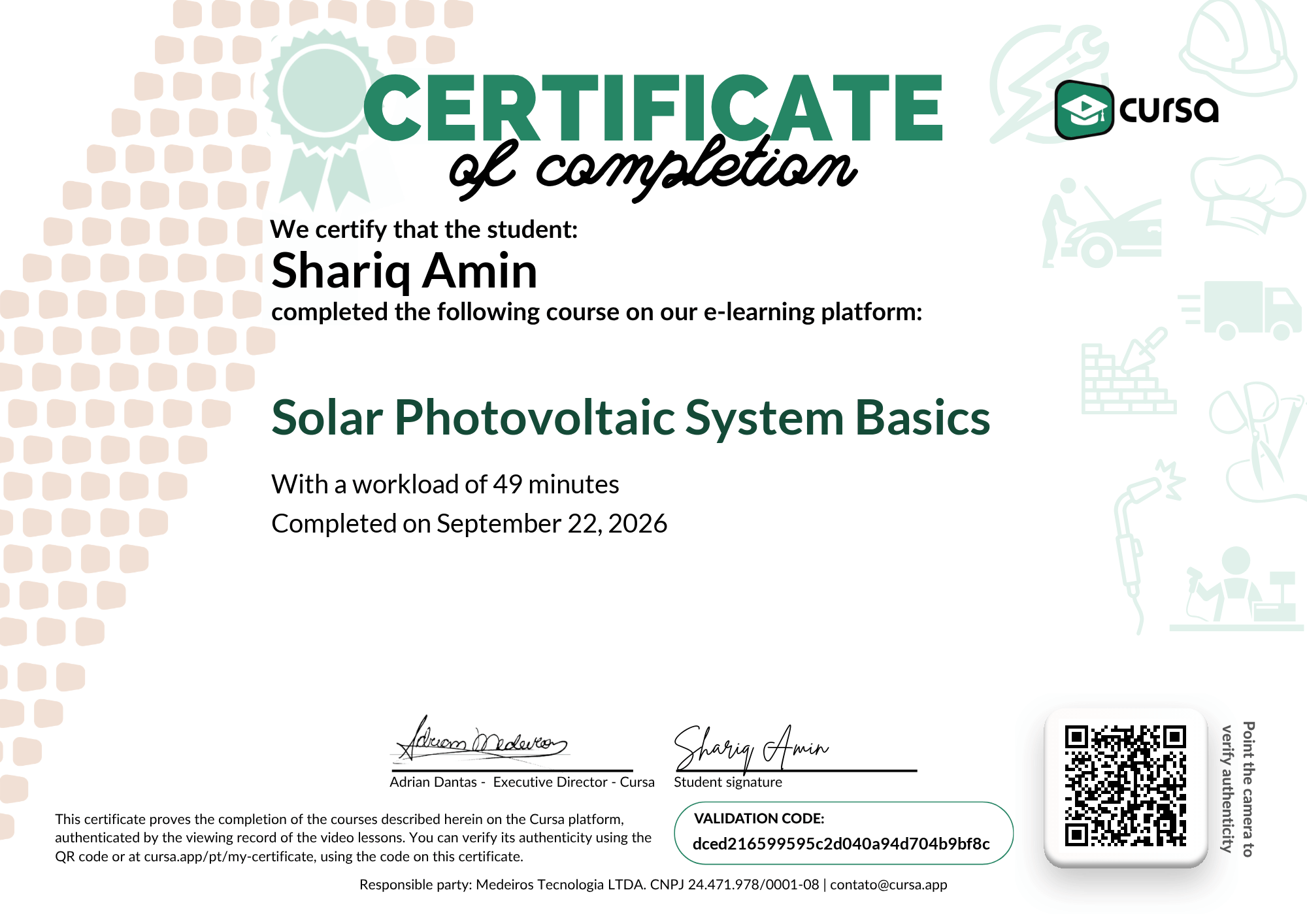 Image of my free Course Completion Certificate.