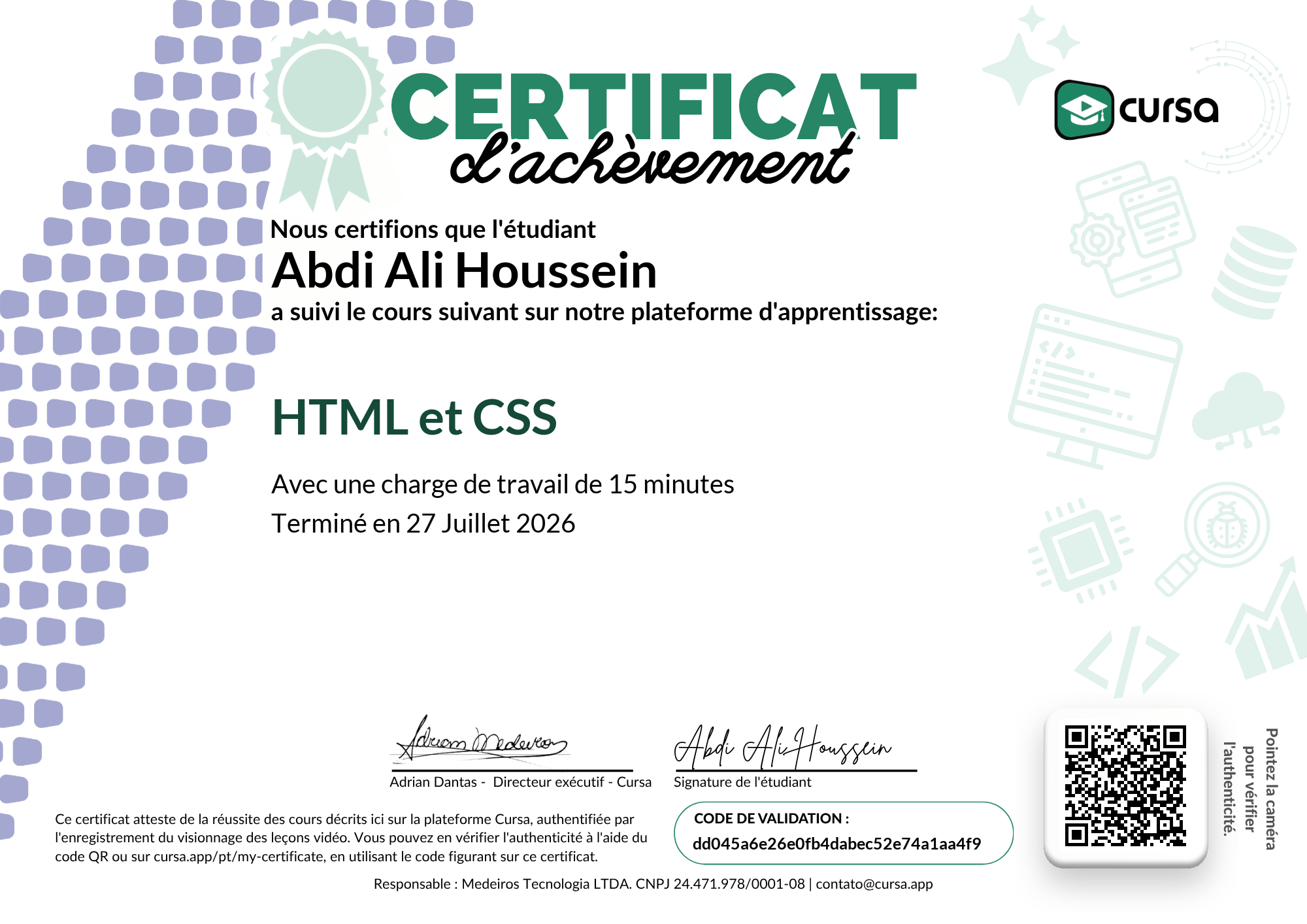 Image de mon certificat de fin de cours gratuit.
