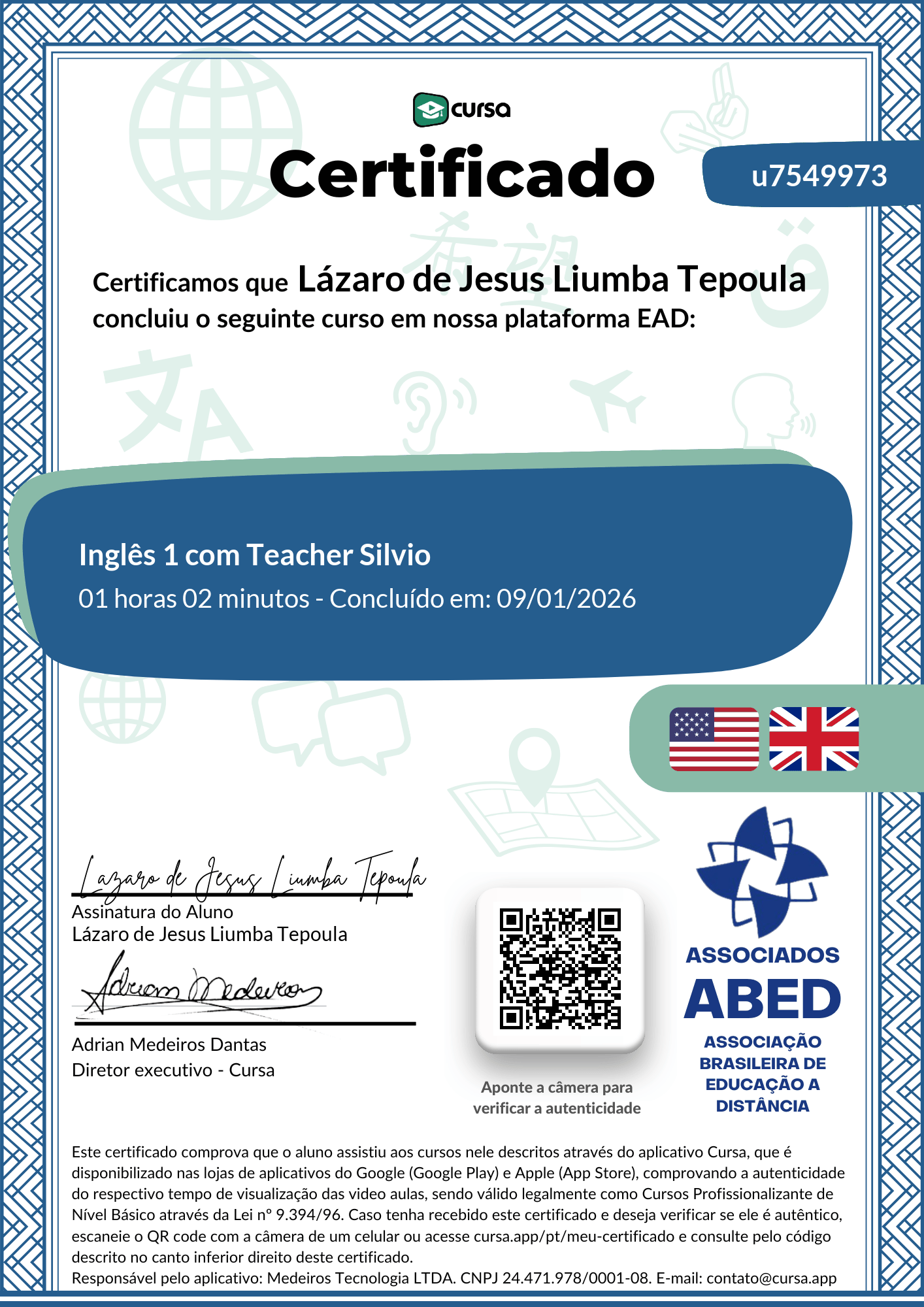 Imagem do meu Certificado gratuito de conclusão de curso.