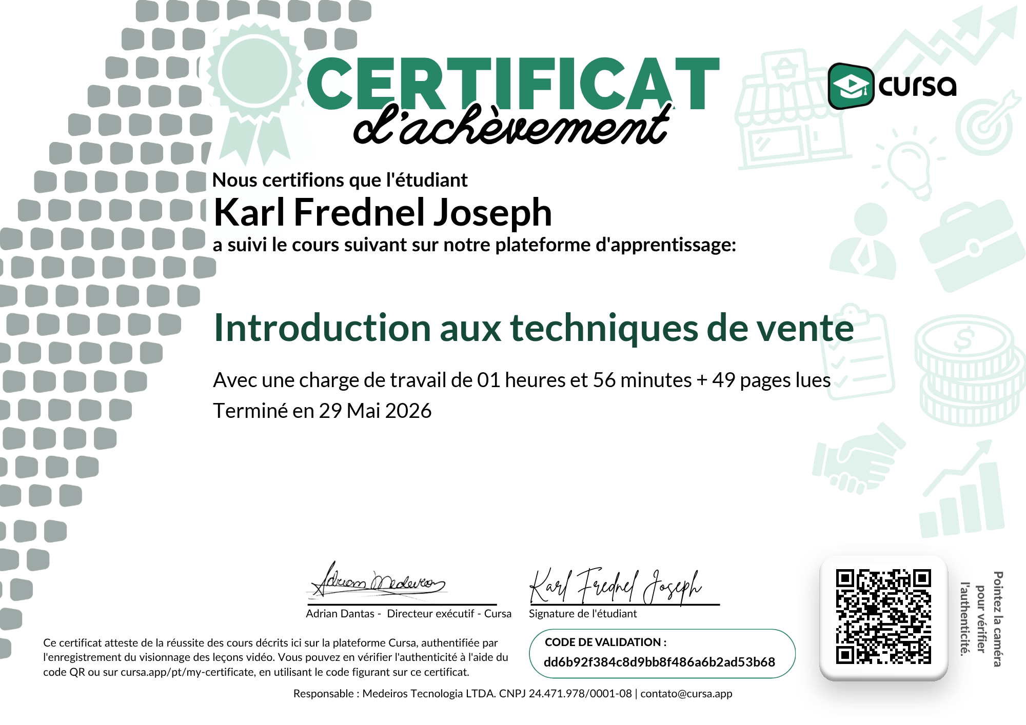Image de mon certificat de fin de cours gratuit.