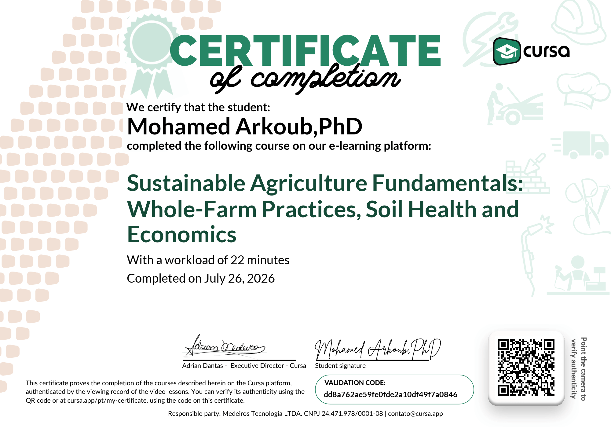 Image of my free Course Completion Certificate.