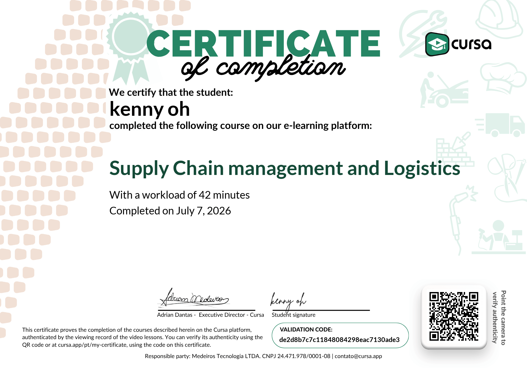 Image of my free Course Completion Certificate.