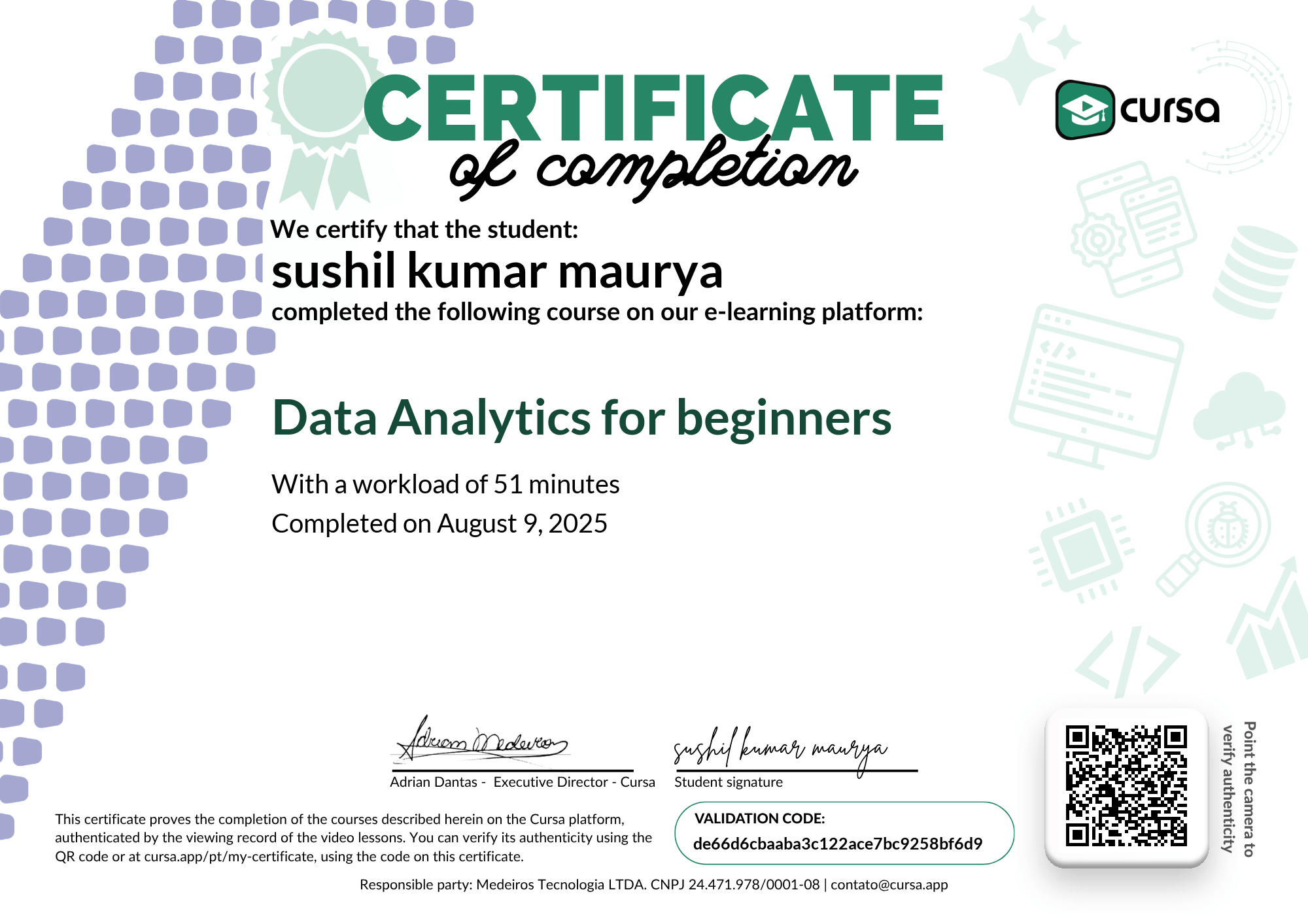 Image of my free Course Completion Certificate.