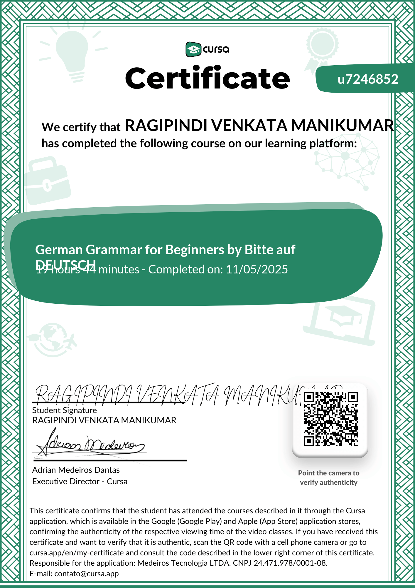 Image of my free Course Completion Certificate.