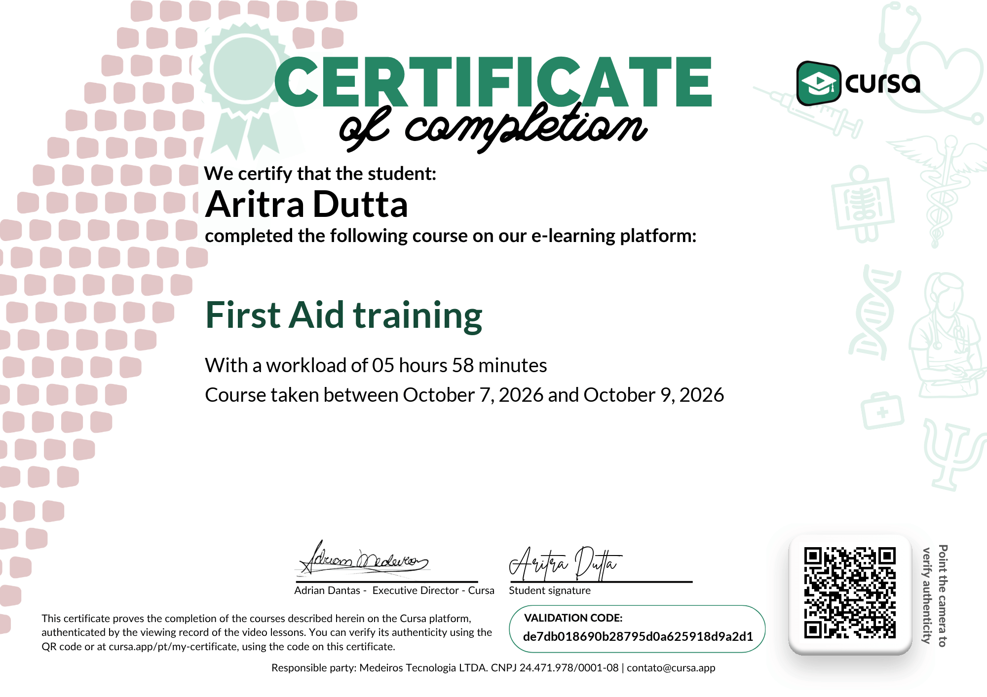 Image of my free Course Completion Certificate.