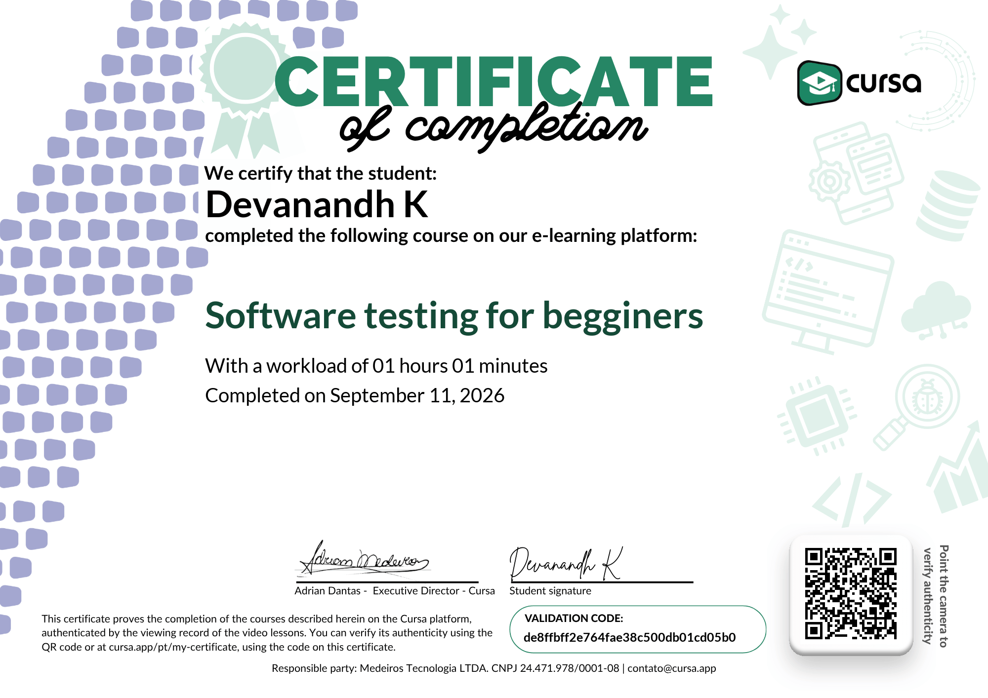 Image of my free Course Completion Certificate.
