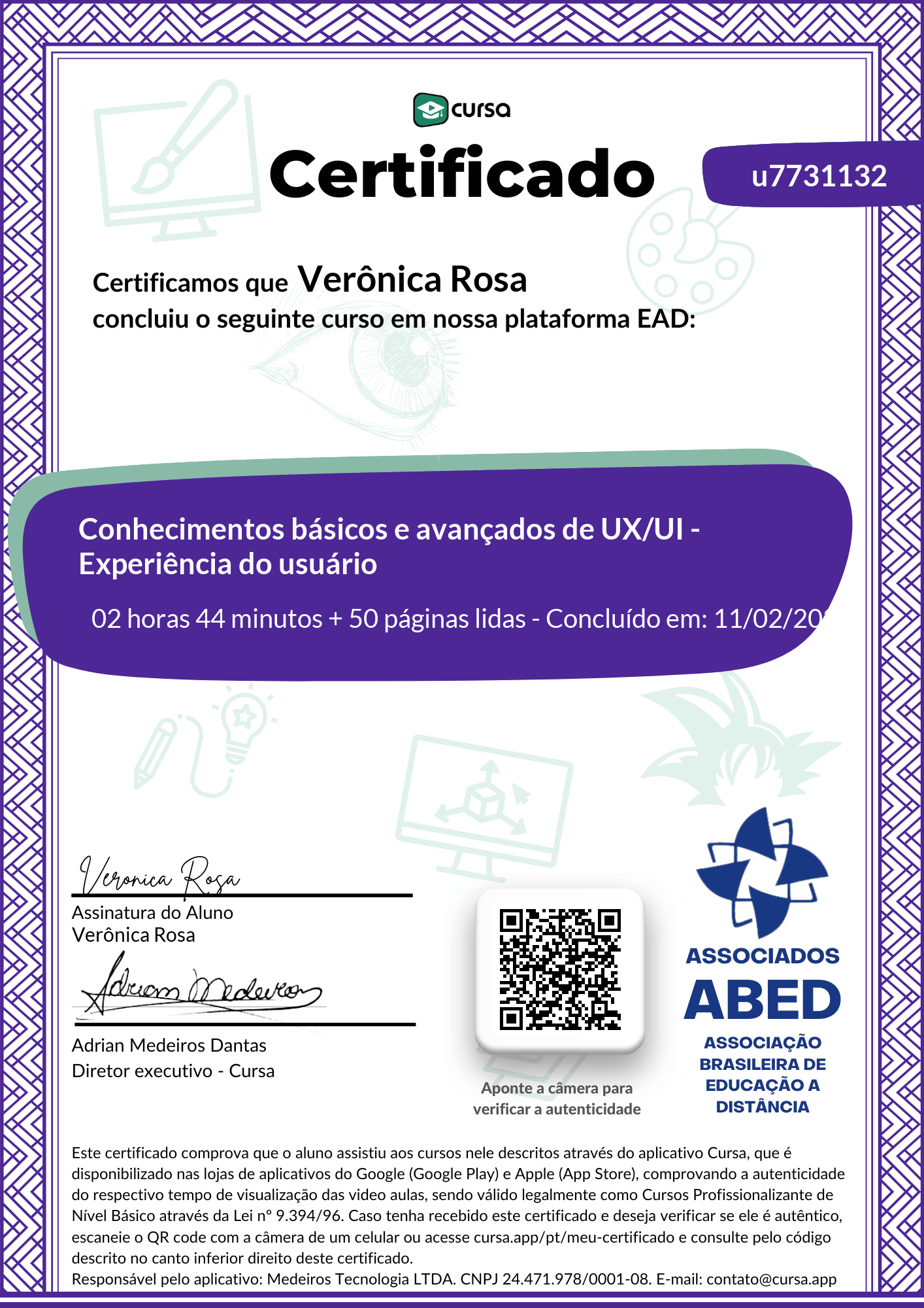 Imagem do meu Certificado gratuito de conclusão de curso.