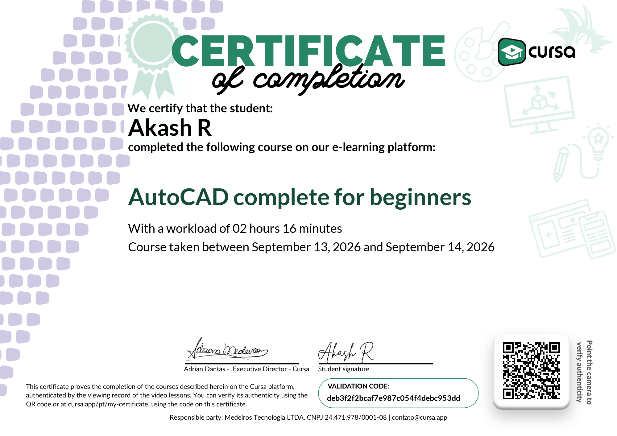 Image of my free Course Completion Certificate.