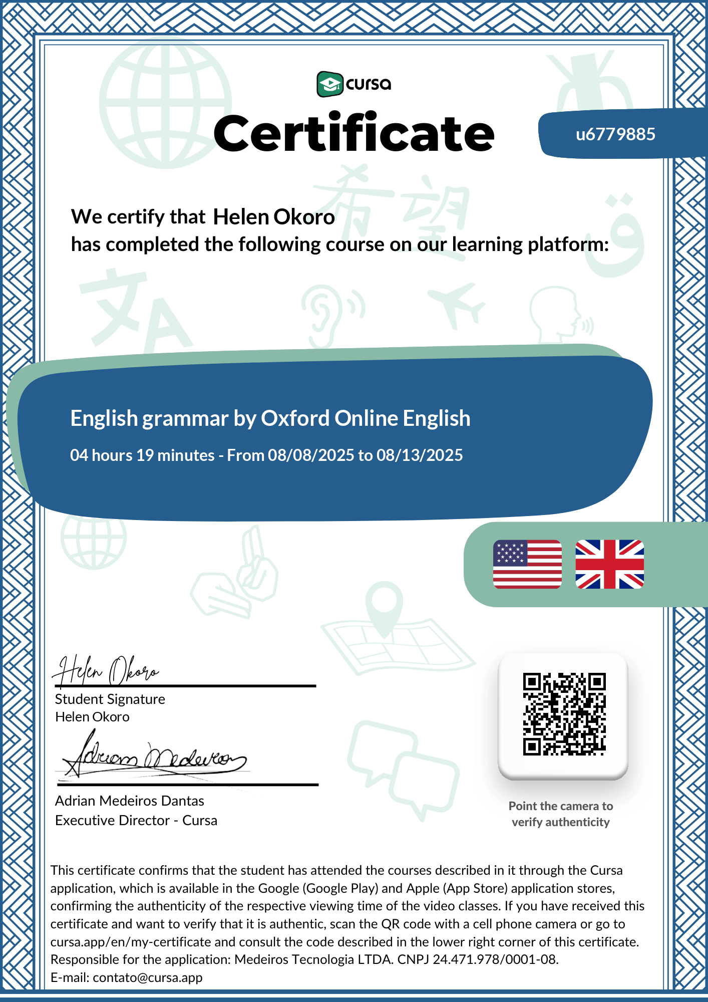 Image of my free Course Completion Certificate.