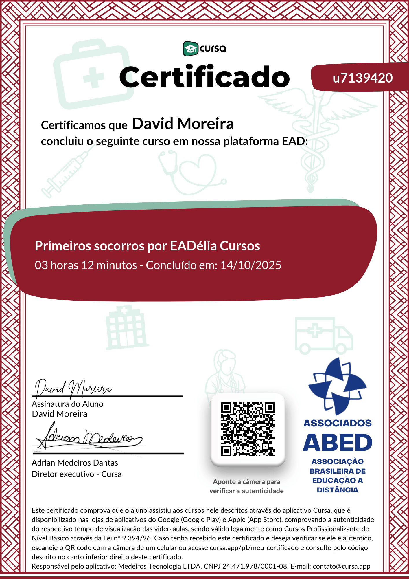 Imagem do meu Certificado gratuito de conclusão de curso.