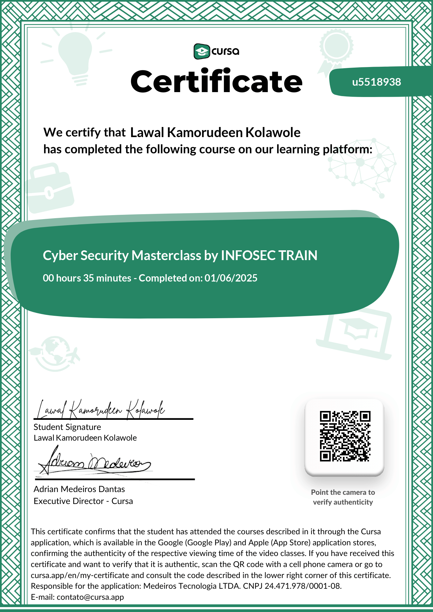 Image of my free Course Completion Certificate.