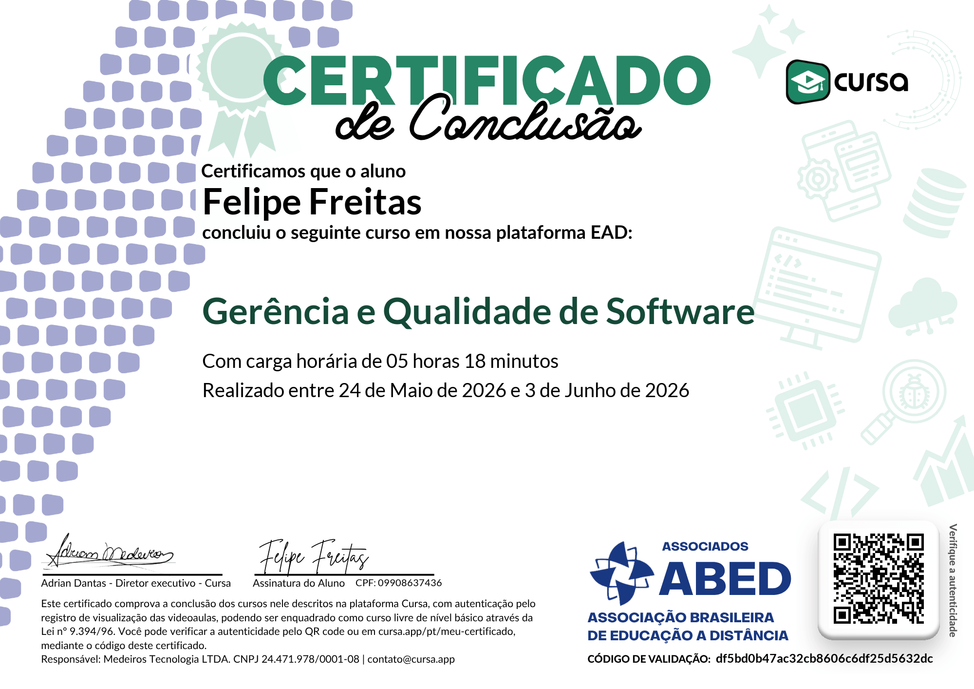 Imagem do meu Certificado gratuito de conclusão de curso.