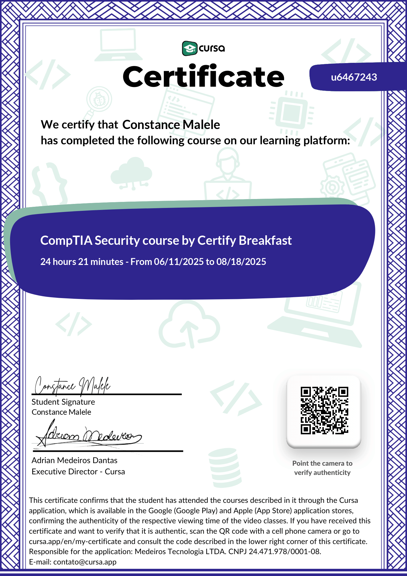 Image of my free Course Completion Certificate.