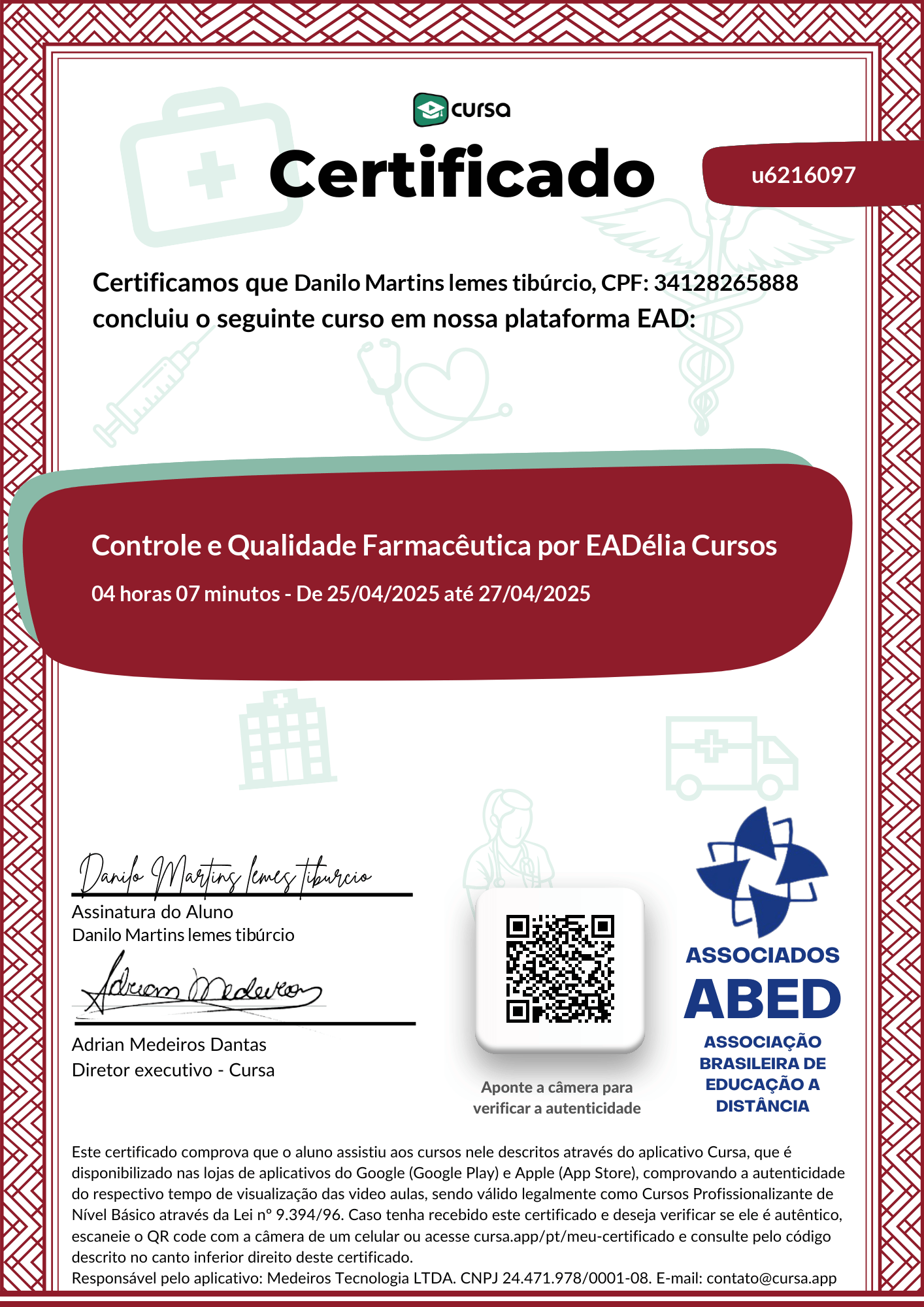 Imagem do meu Certificado gratuito de conclusão de curso.
