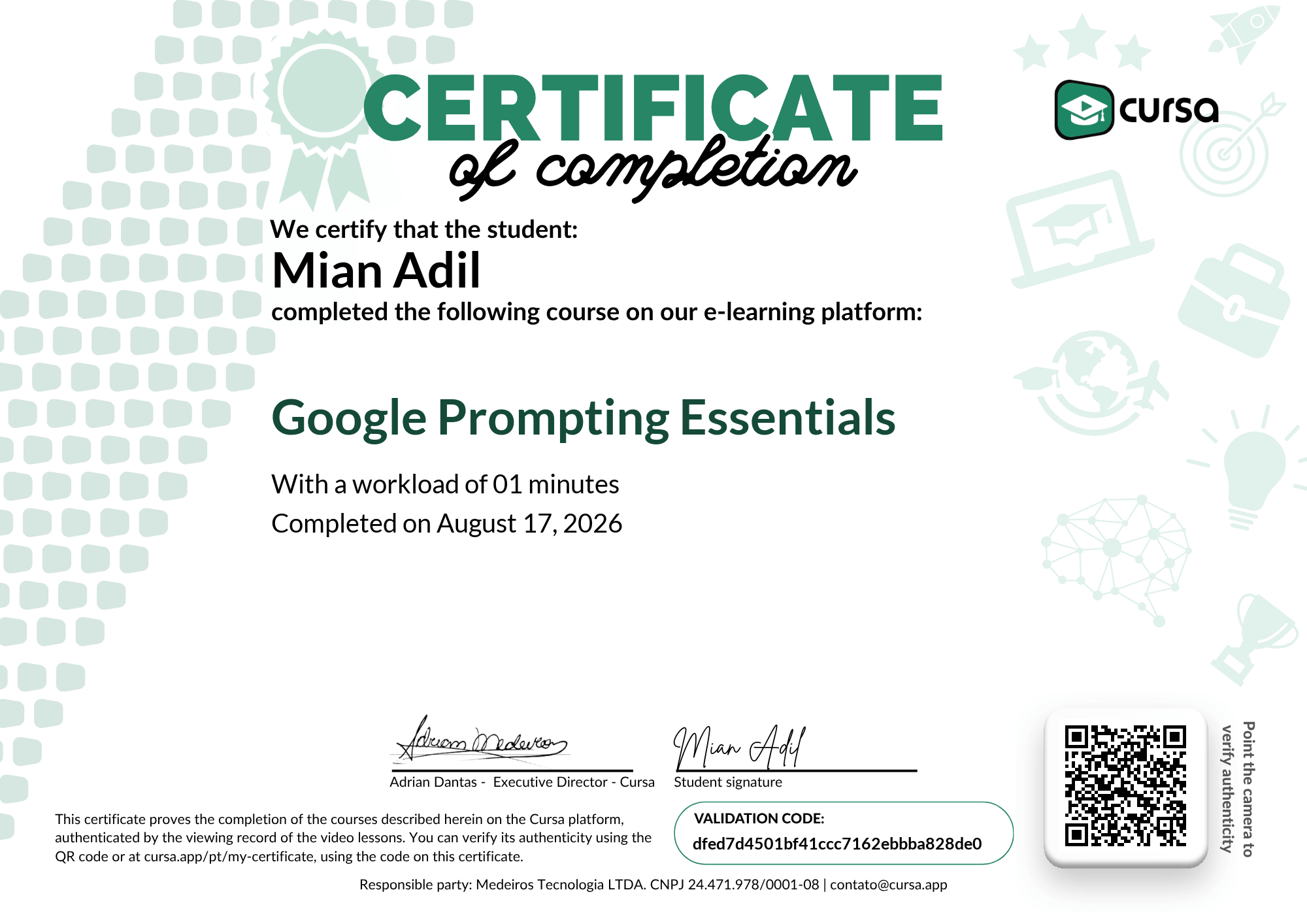 Image of my free Course Completion Certificate.