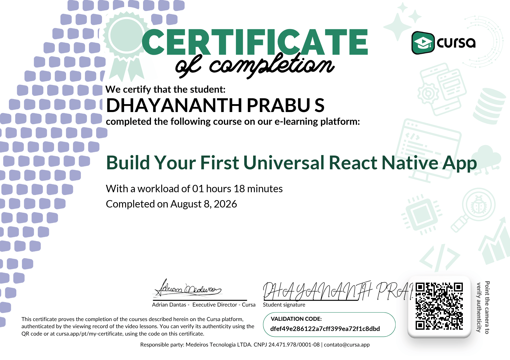 Image of my free Course Completion Certificate.