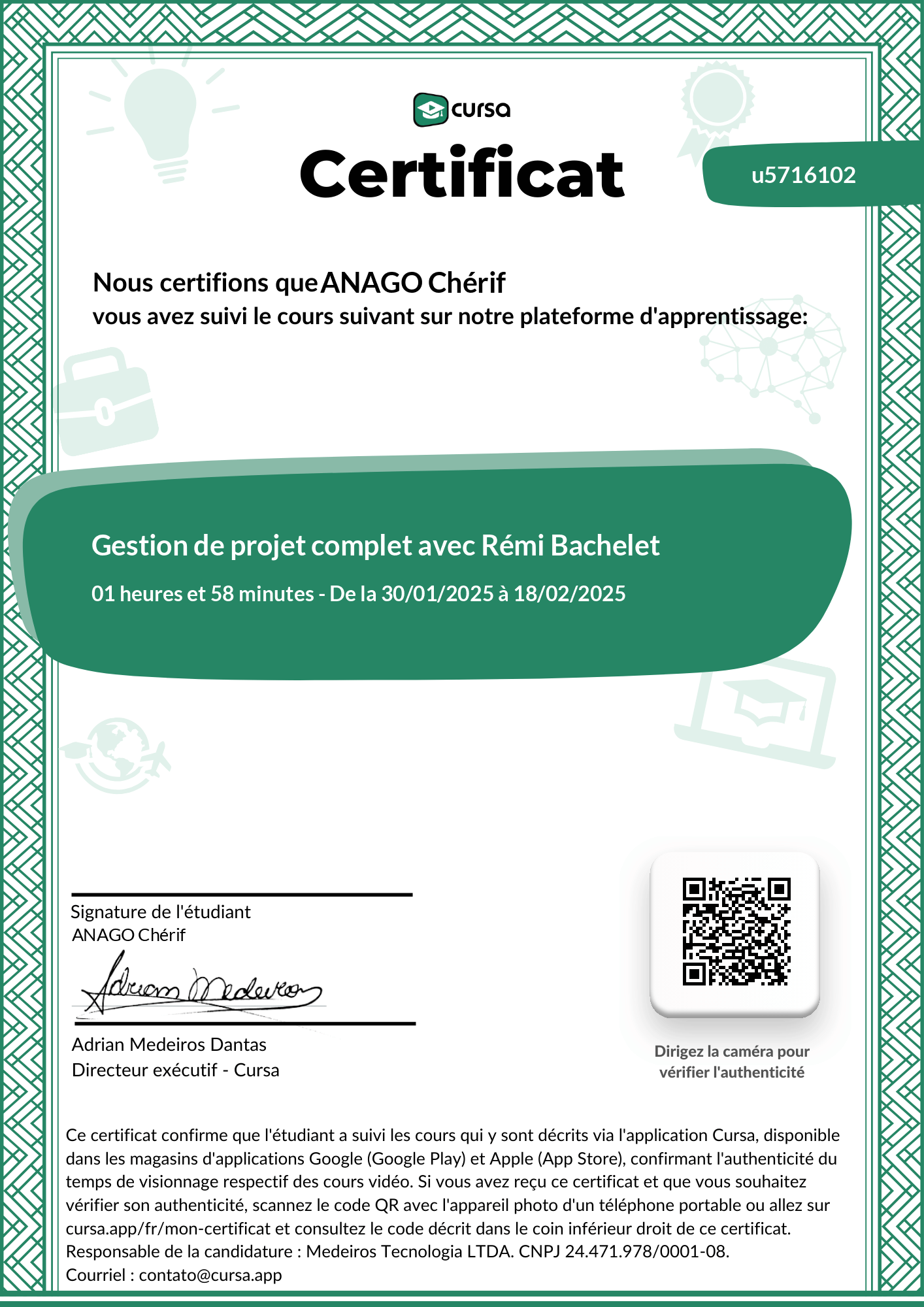 Image de mon certificat de fin de cours gratuit.
