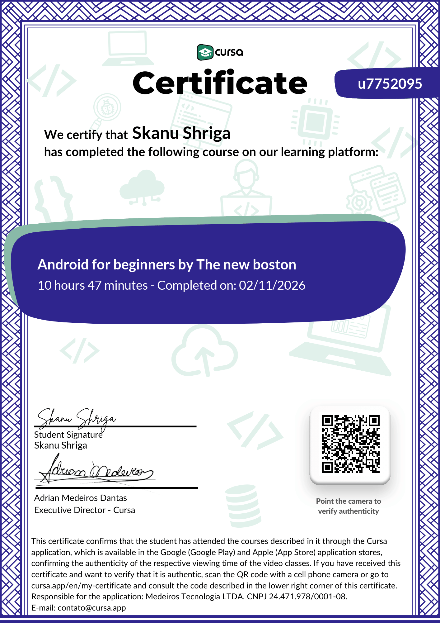 Image of my free Course Completion Certificate.