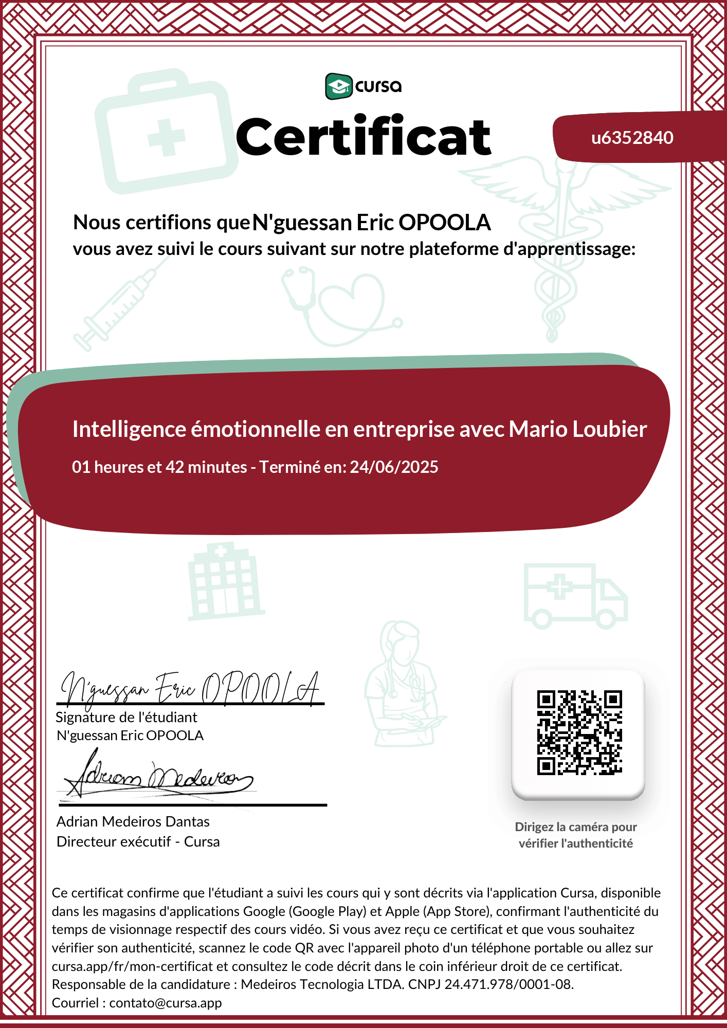 Image de mon certificat de fin de cours gratuit.