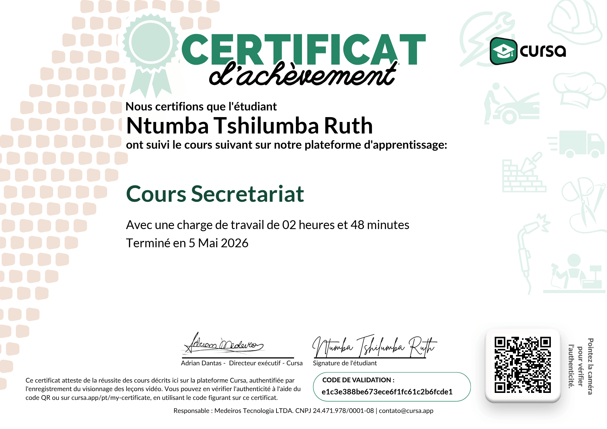 Image de mon certificat de fin de cours gratuit.
