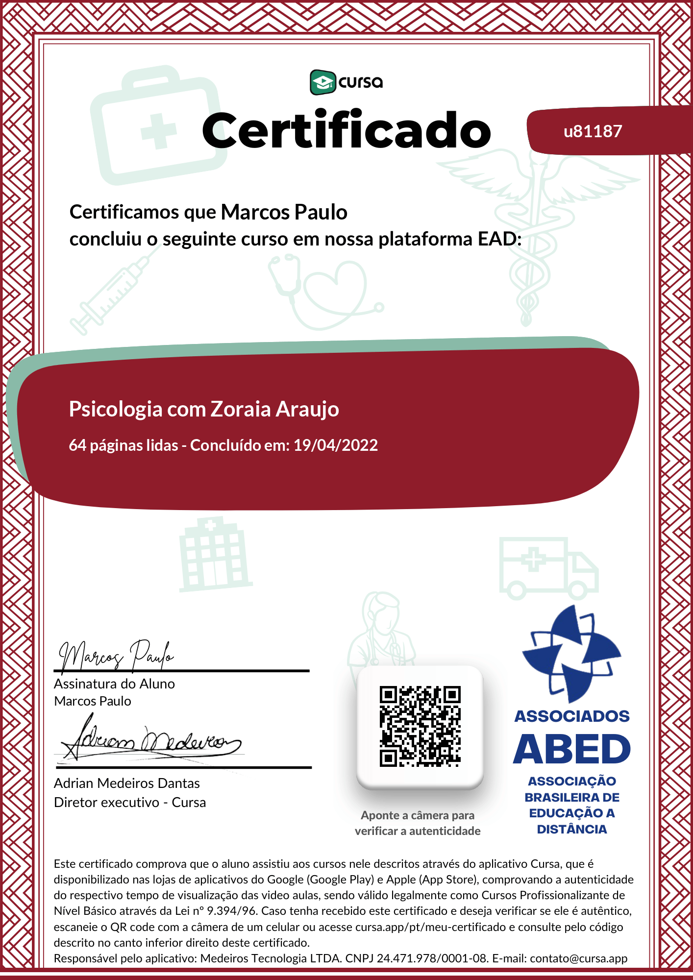 Imagem do meu Certificado gratuito de conclusão de curso.
