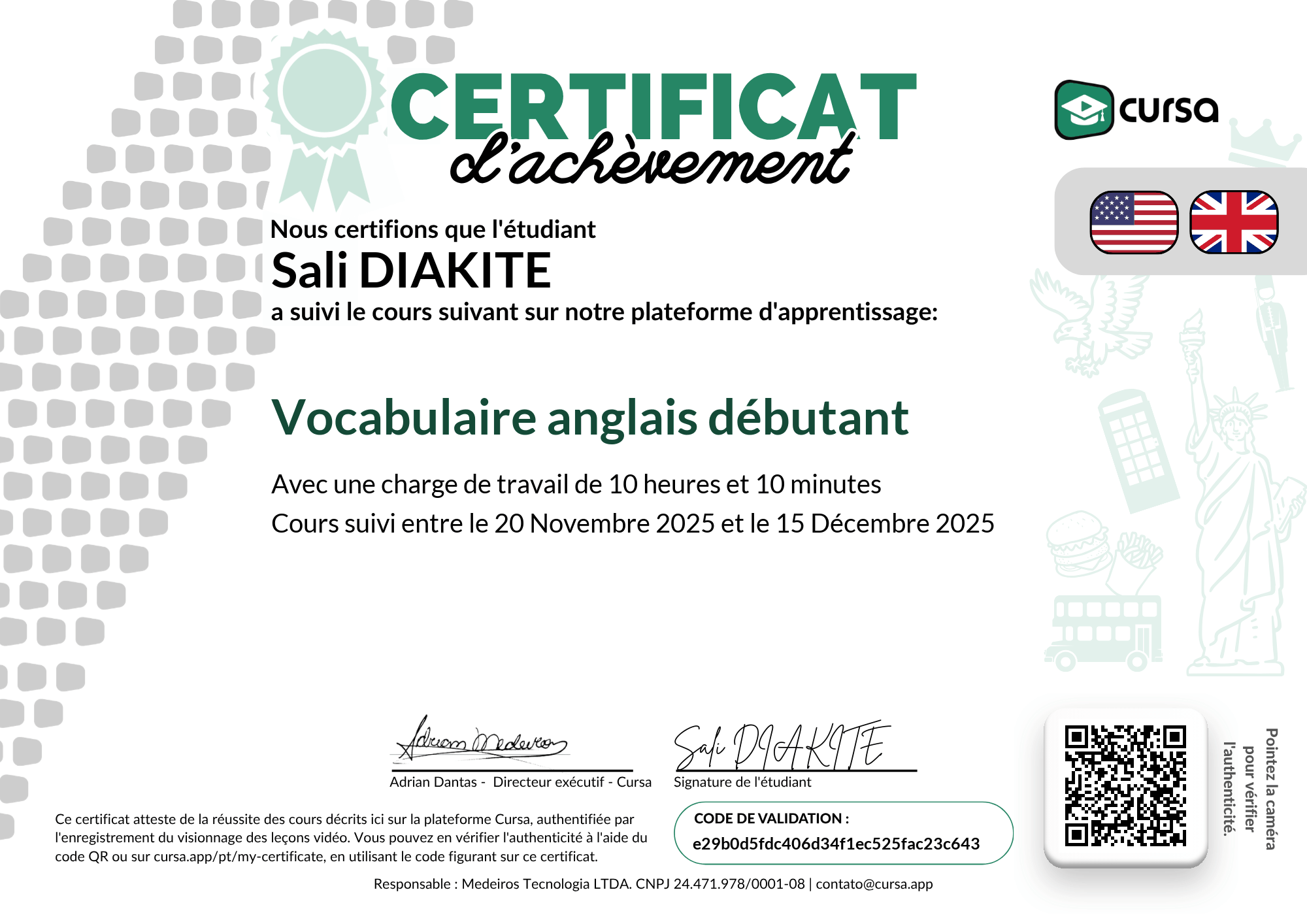 Image de mon certificat de fin de cours gratuit.