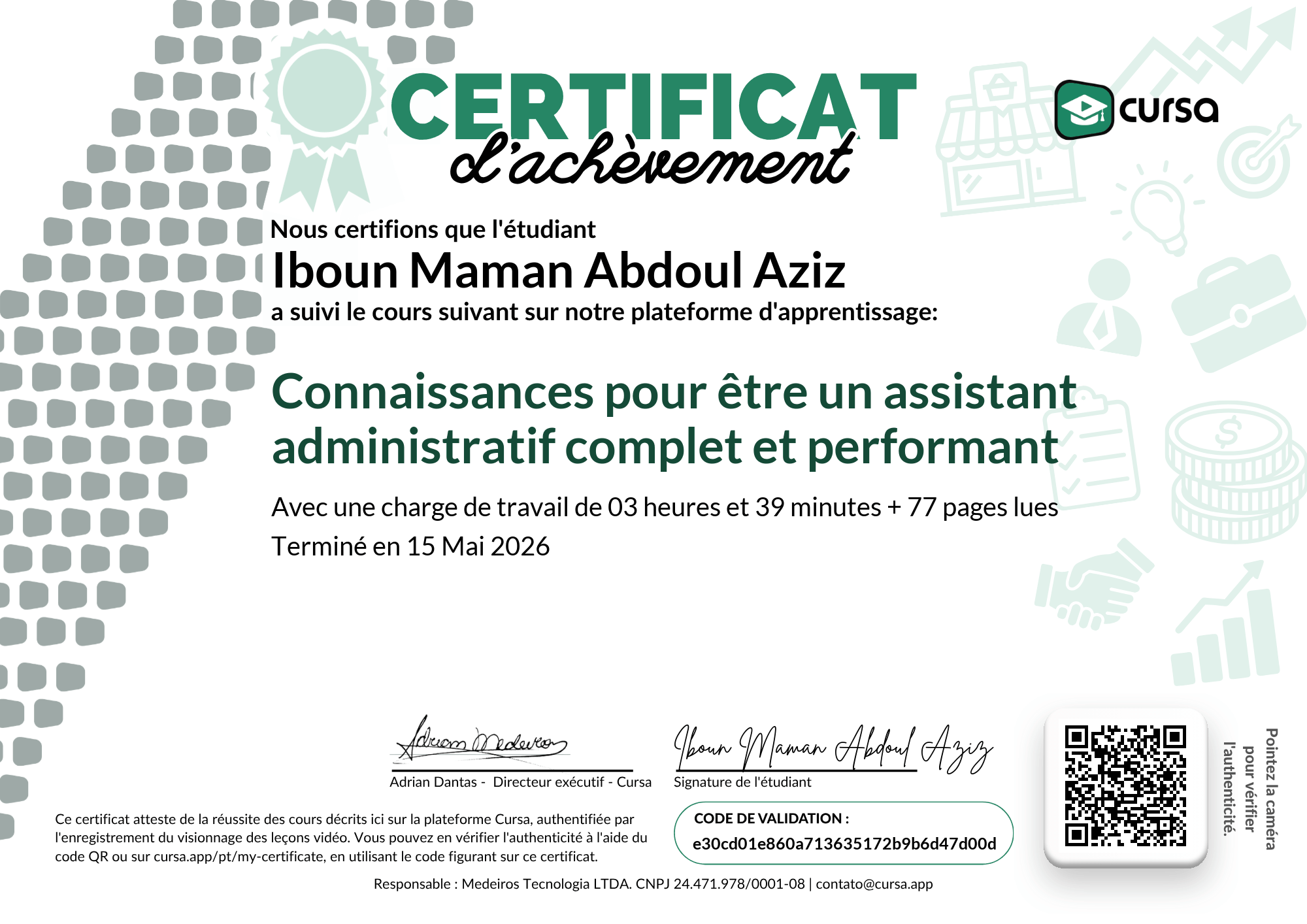 Image de mon certificat de fin de cours gratuit.