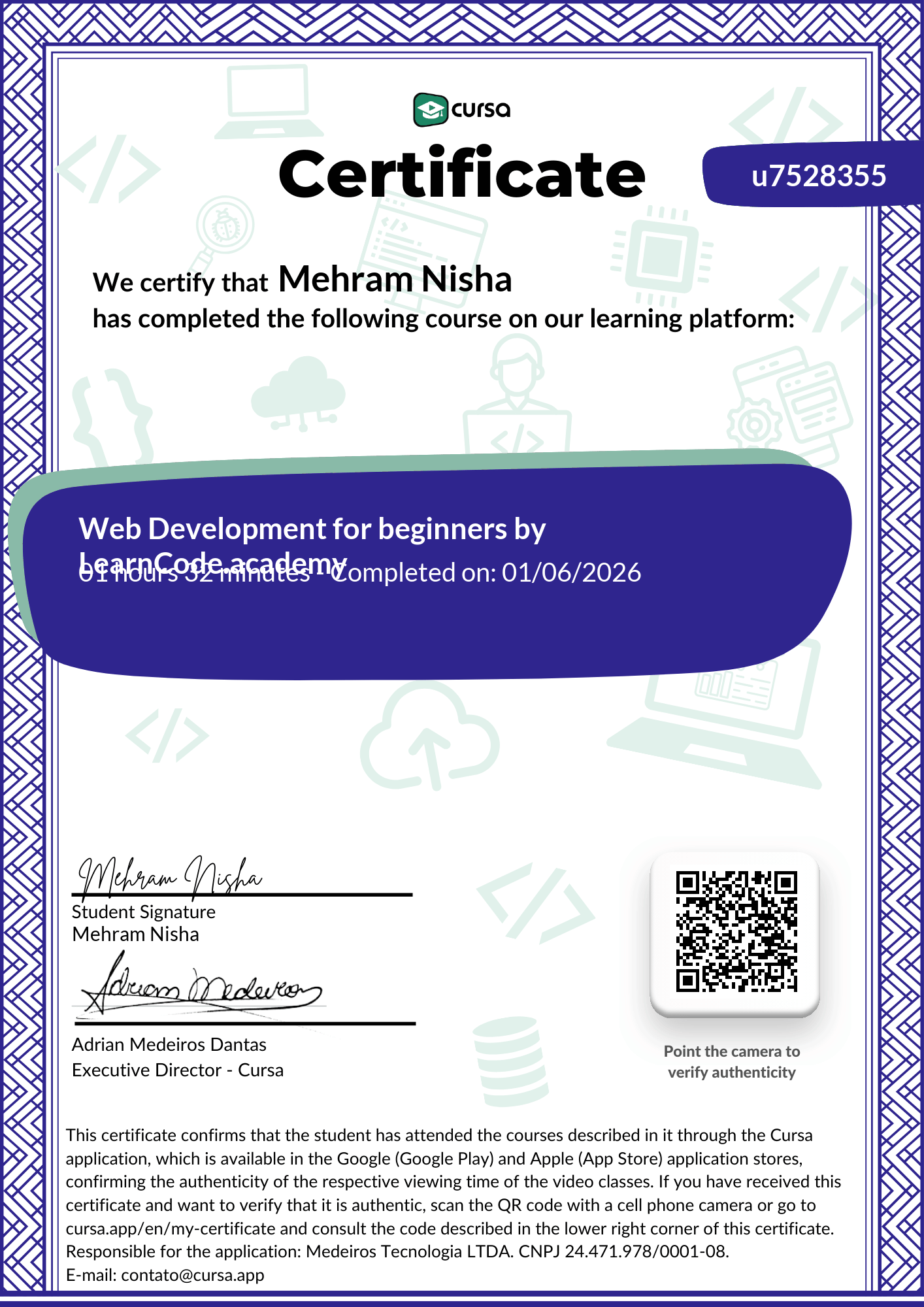 Image of my free Course Completion Certificate.