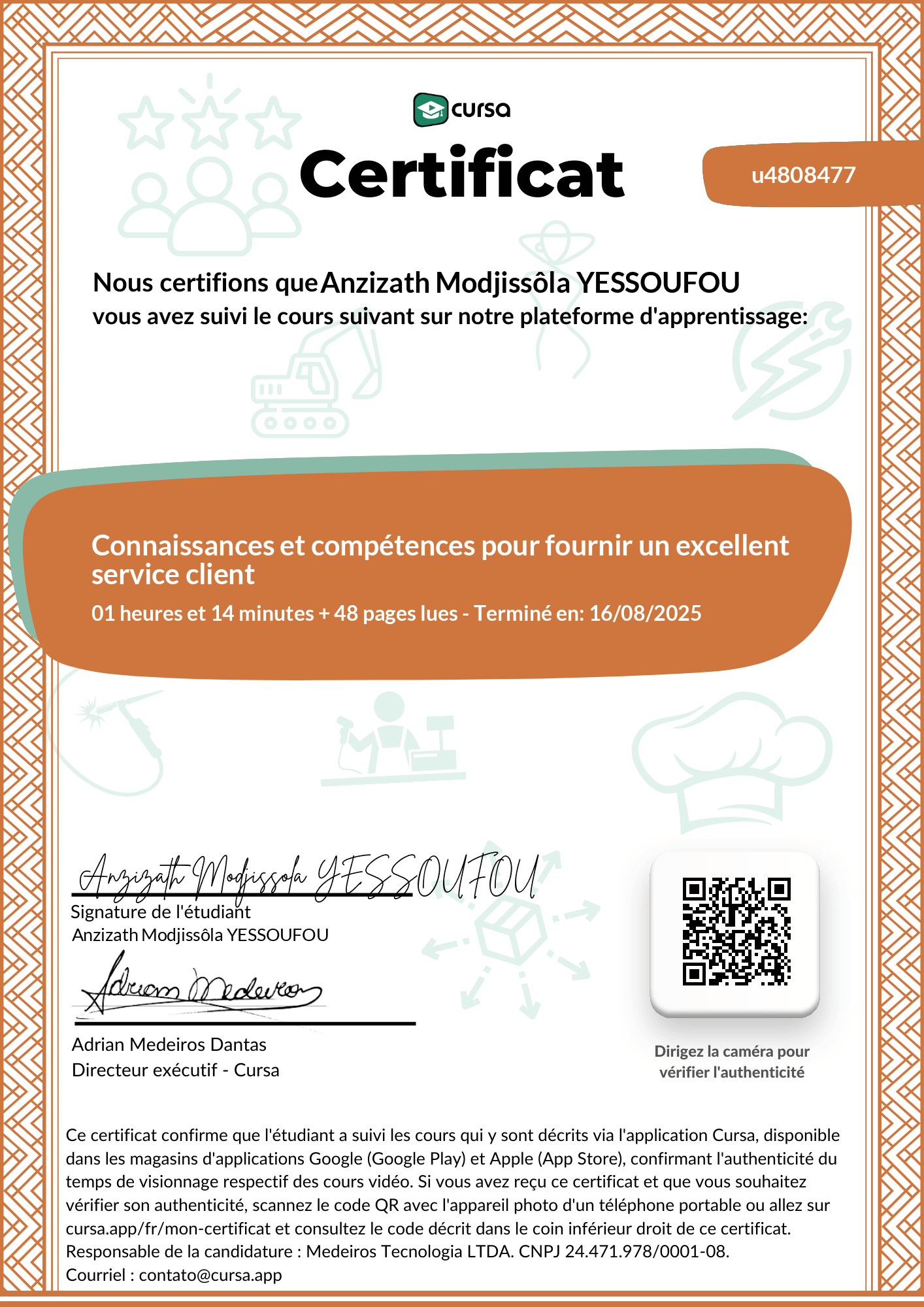 Image de mon certificat de fin de cours gratuit.