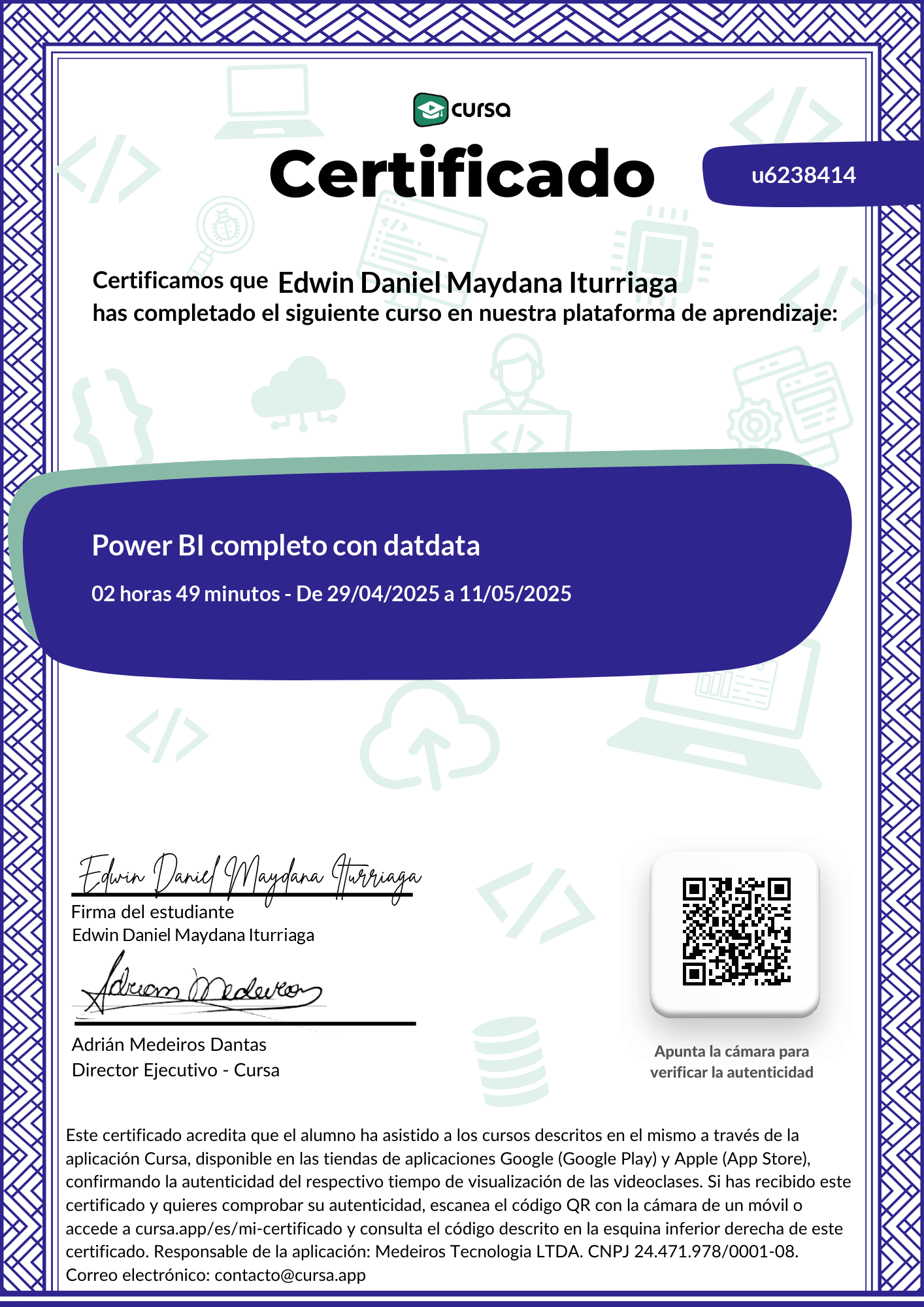 Imagen de mi Certificado de finalización del curso gratuito.
