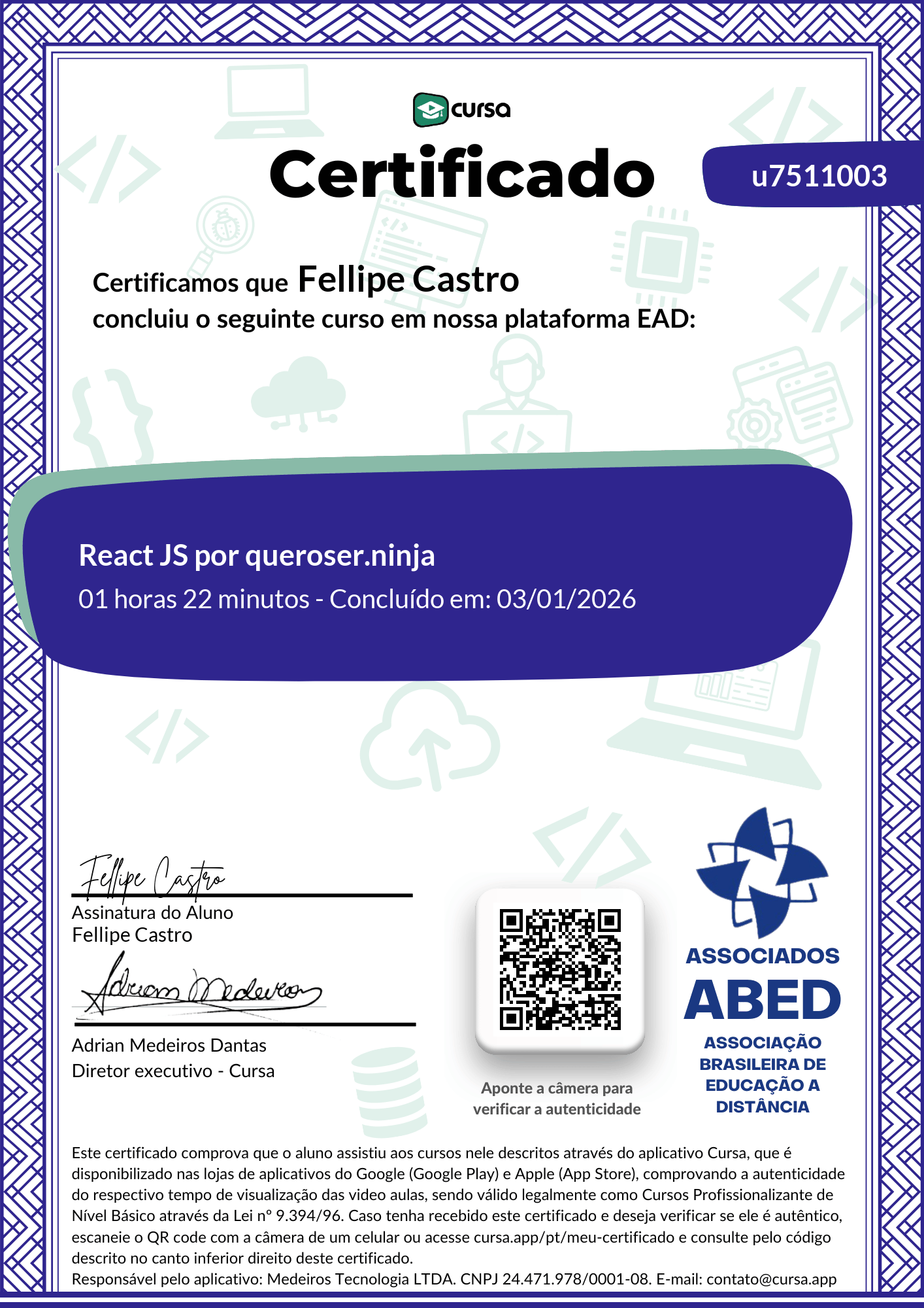 Imagem do meu Certificado gratuito de conclusão de curso.